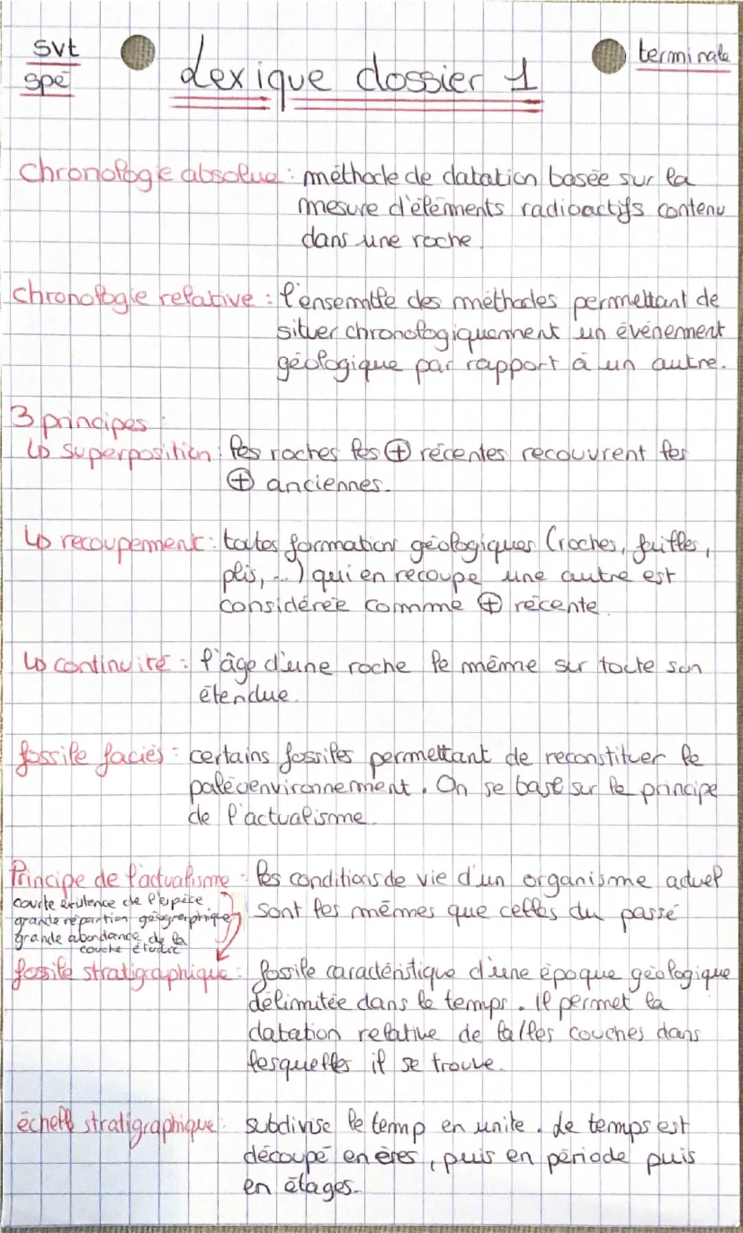 Svt
Spe
Lexique dossier 1
terminate
Chronologie absolue: méthode de datation basée sur la
mesure d'elements radioactifs contenu
dans une roc