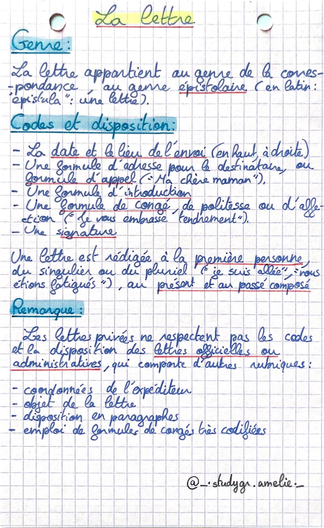 C La lettre

Genre:
C
La lettre appartient au genre de la cones-
-pondance, au genre épistolaire (en latin:
"epistula": une lettre).

Codes 