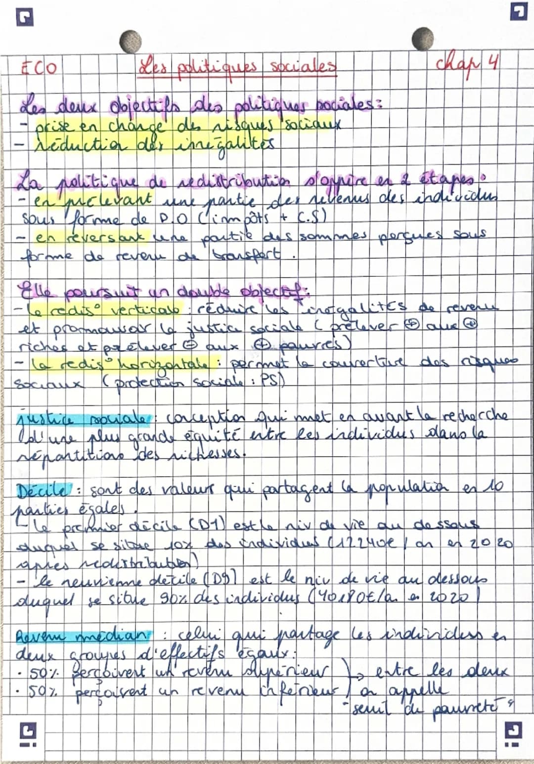 --- OCR Start ---
ECO
Les politiques sociales
chap 4
Les deux objectifs des politiques sociales:
- prise en charge des risques sociaux
- réd