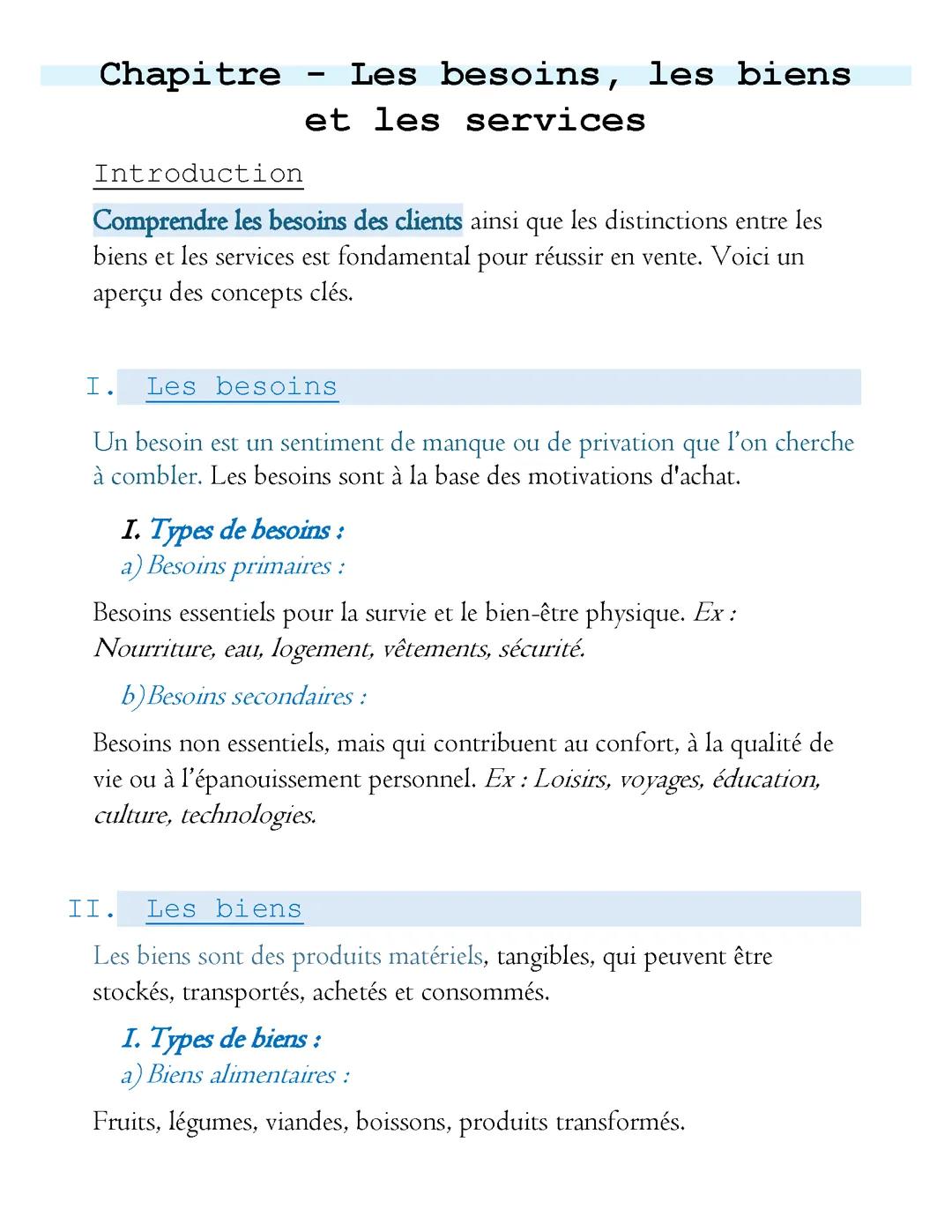 Les besoins, les biens et les services