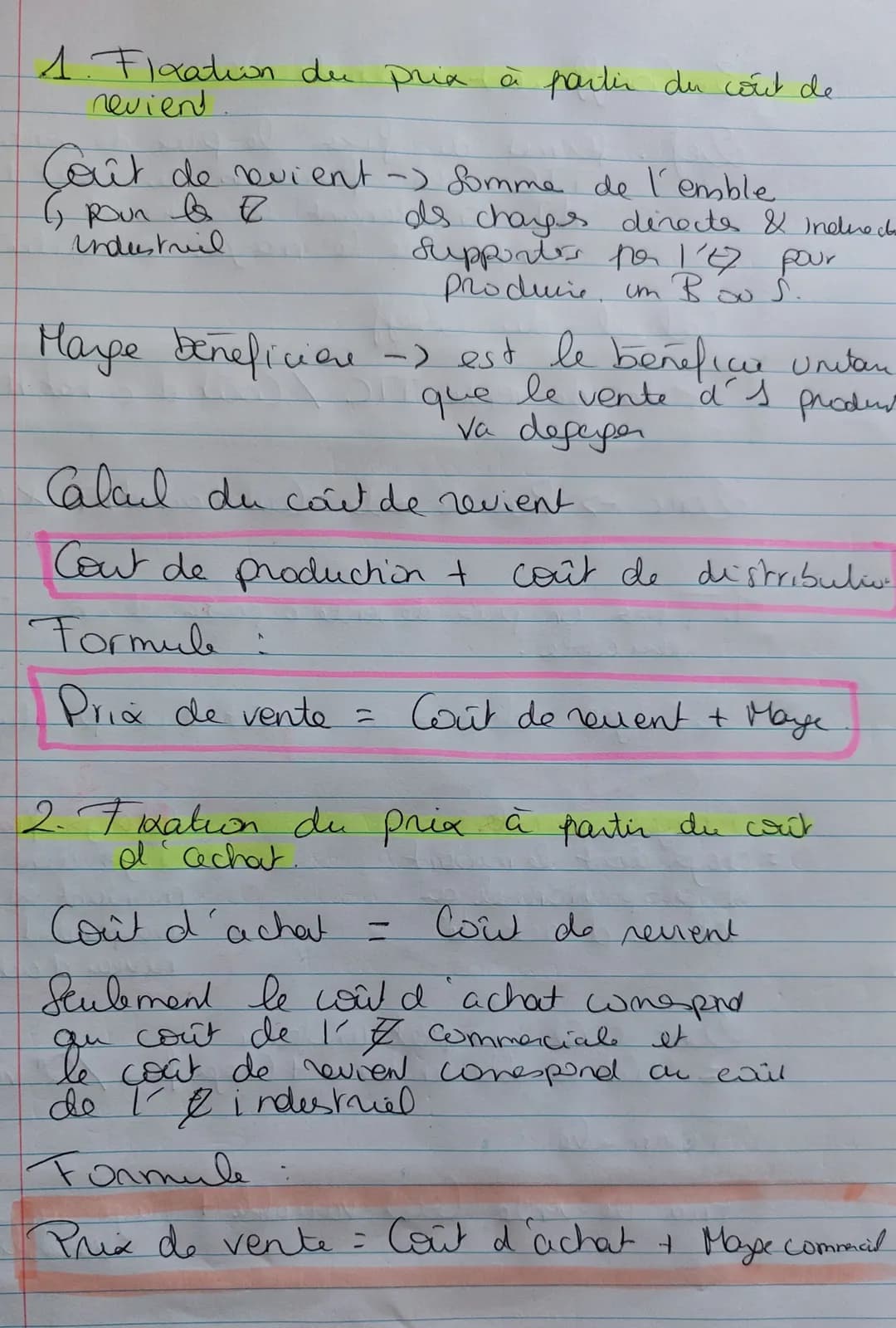1. Fixation du prix à partir du coût de
revient
Coût de quient-) Somme de l'emble
( pour b
industril
Mage benefice
Is chays directs & Indue 