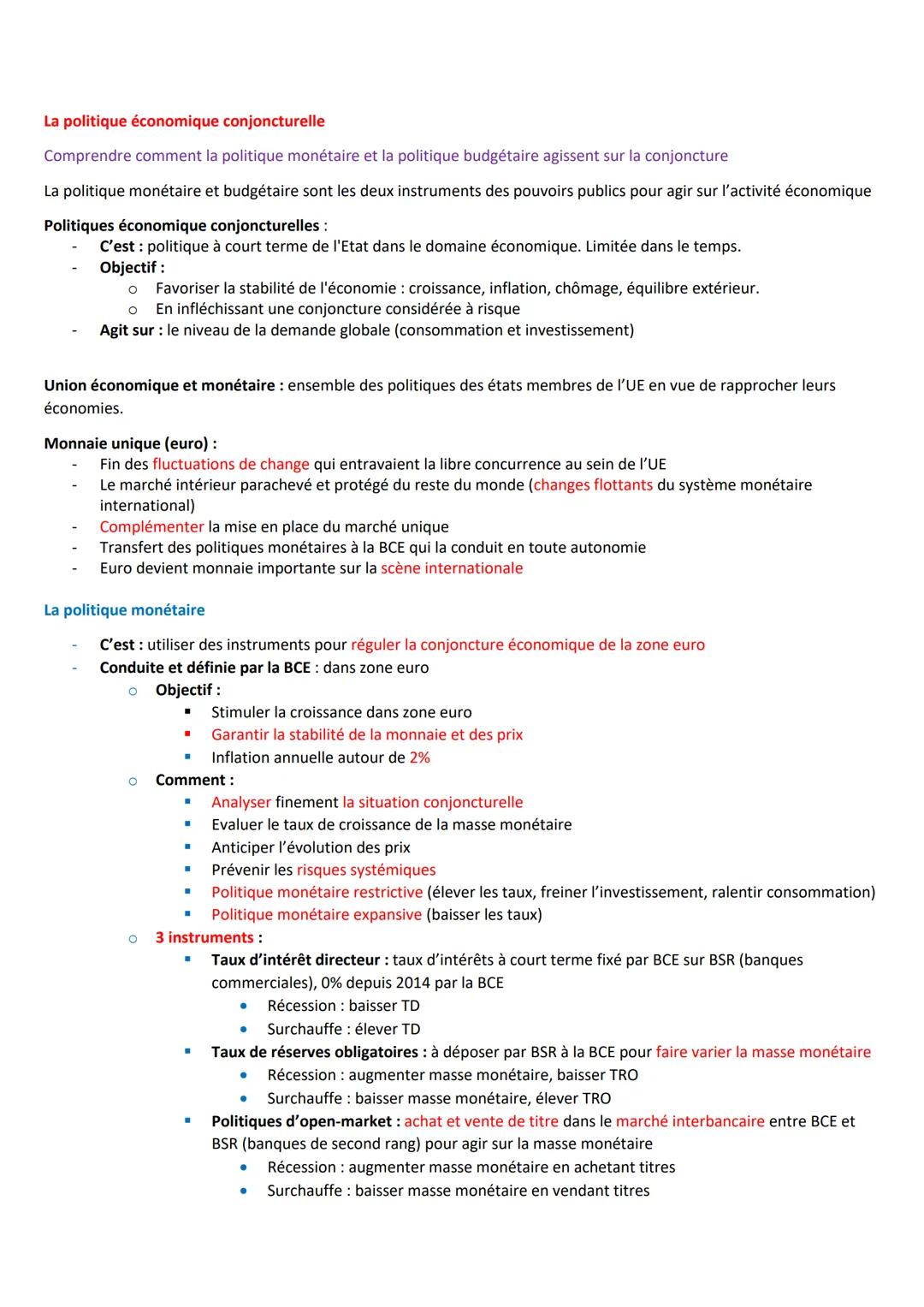 La politique économique conjoncturelle
Comprendre comment la politique monétaire et la politique budgétaire agissent sur la conjoncture
La p