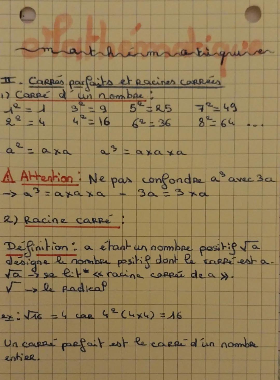 --- OCR Start ---
martirirmratigruver
II. Carrés parfaits et Racines carrées
1) Carré d'un nombre:
2
r=r
3-9
52=25
7=49
22=4
4= 16
62-36
82-
