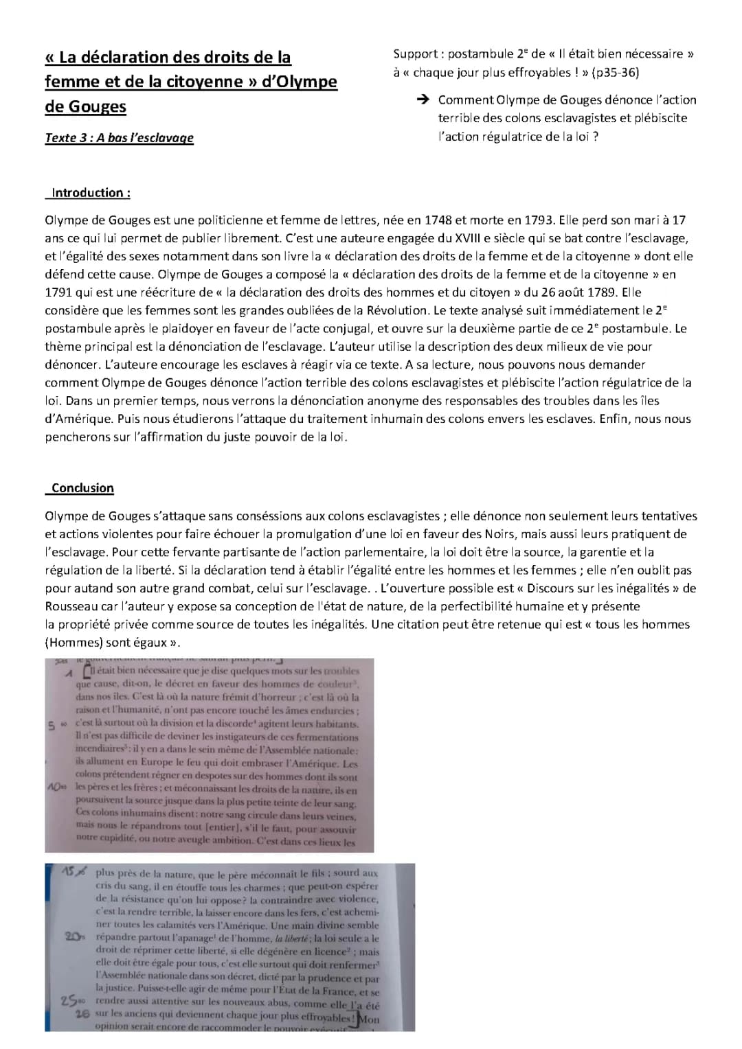 Fiche révision Olympe de Gouges: Déclaration des droits de la femme Analyse linéaire DDFC et Texte 3