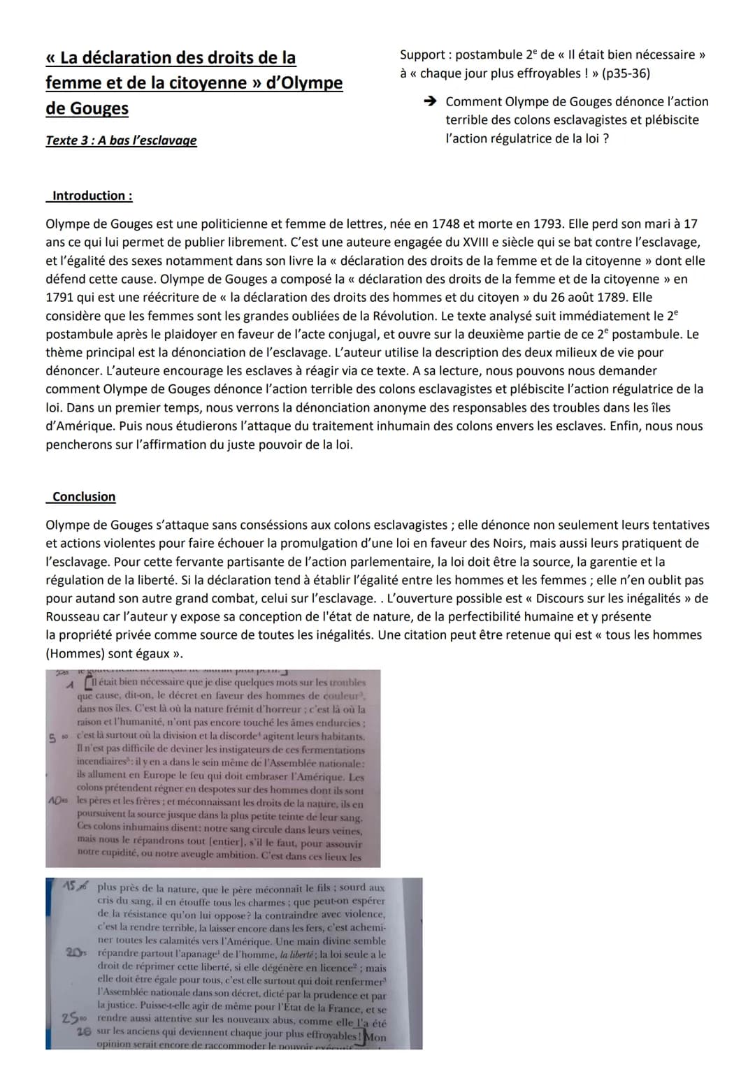 << La déclaration des droits de la
femme et de la citoyenne » d'Olympe
de Gouges
Texte 3: A bas l'esclavage
Conclusion
Introduction :
Olympe