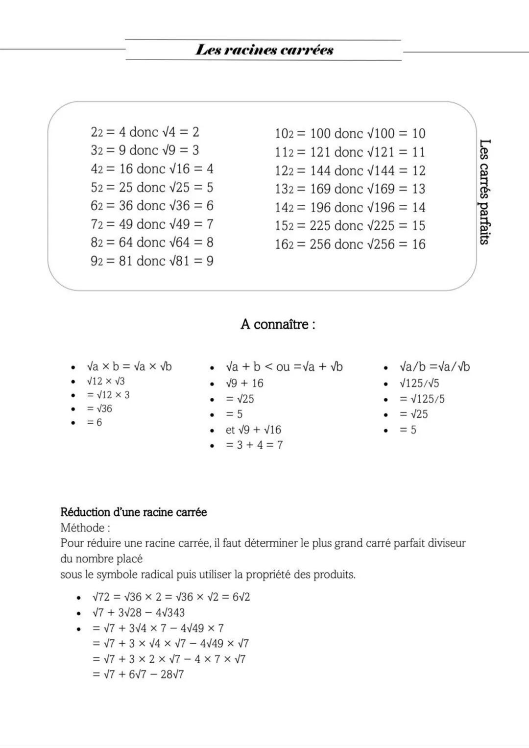 ●
●
●
●
●
Les racines carrées
22 = 4 donc √4 = 2
32 9 donc √9 = 3
42 16 donc √16 = 4
52 25 donc √25 = 5
=
62
36 donc √36 = 6
72
49 donc √49 