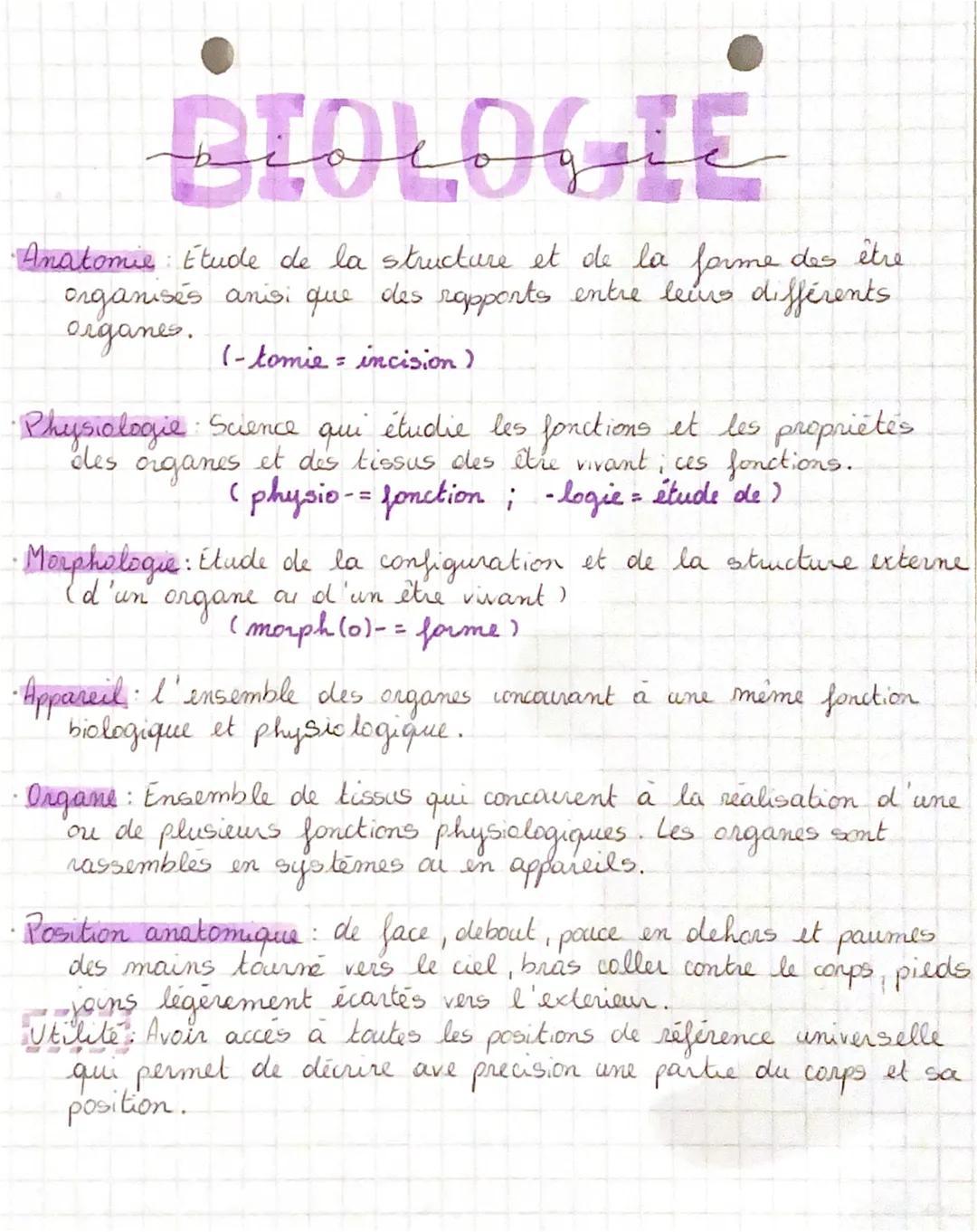 # BIOLOGIE

Anatomie: Etude de la structure et de la forme des être
organisés anisi que des rapports entre leurs différents
organes. (-tomie