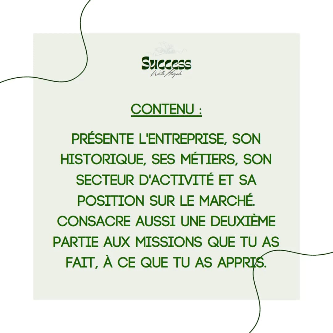 Success
With Aliyah
LE RAPPORT
DE STAGE
seme Success
With Aliyah
LE RAPPORT DE STAGE EST LE
COMPTE-RENDU QUI PERMET DE
COMPRENDRE TES MISSIO