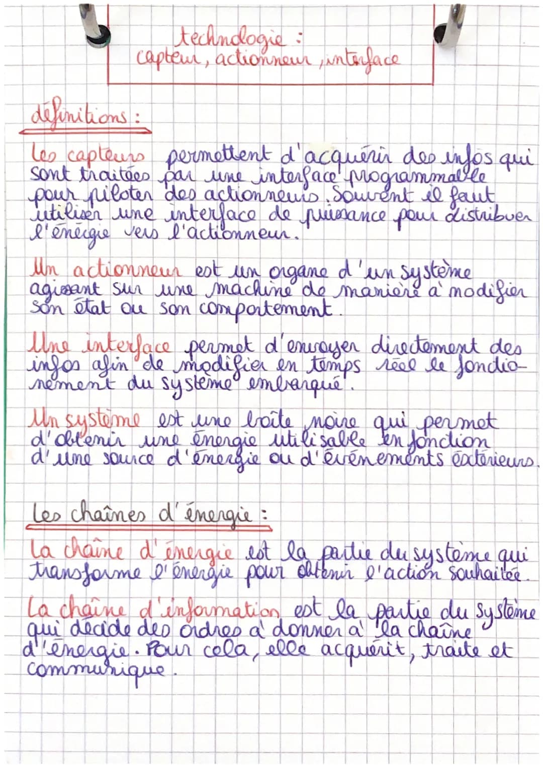 technologie :
capteur, actionneur, interface
definitions:
Les capteurs permettent d'acquérir des infos qui
sont traitées par une interface p