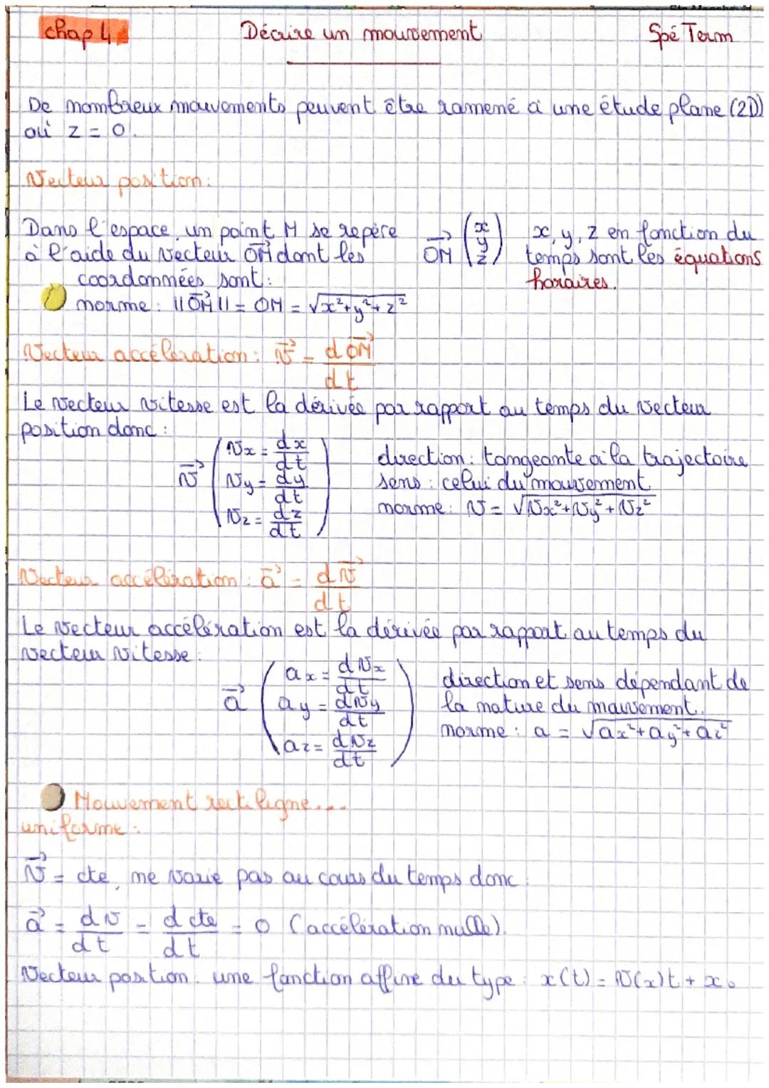 # chap 4

Décrire un mouvement

Spé Term

De nombreux mouvements peuvent être ramené à une étude plane (20)
ou $z = 0$.

Necteur position:

