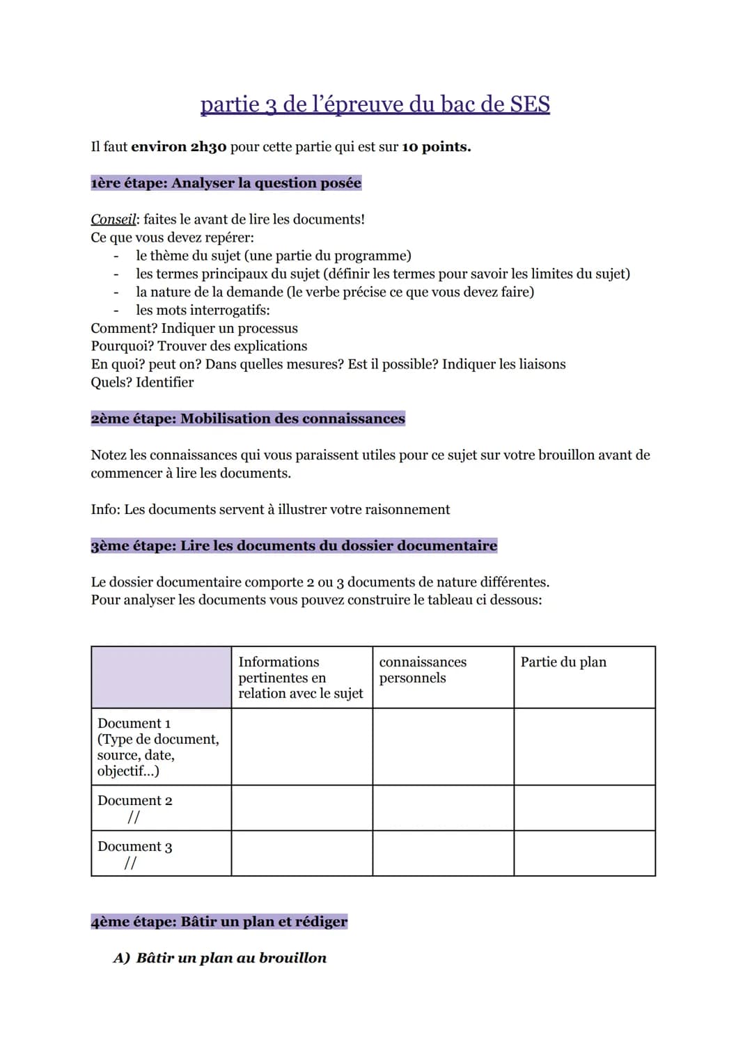 Il faut environ 2h30 pour cette partie qui est sur 10 points.
1ère étape: Analyser la question posée
Conseil: faites le avant de lire les do
