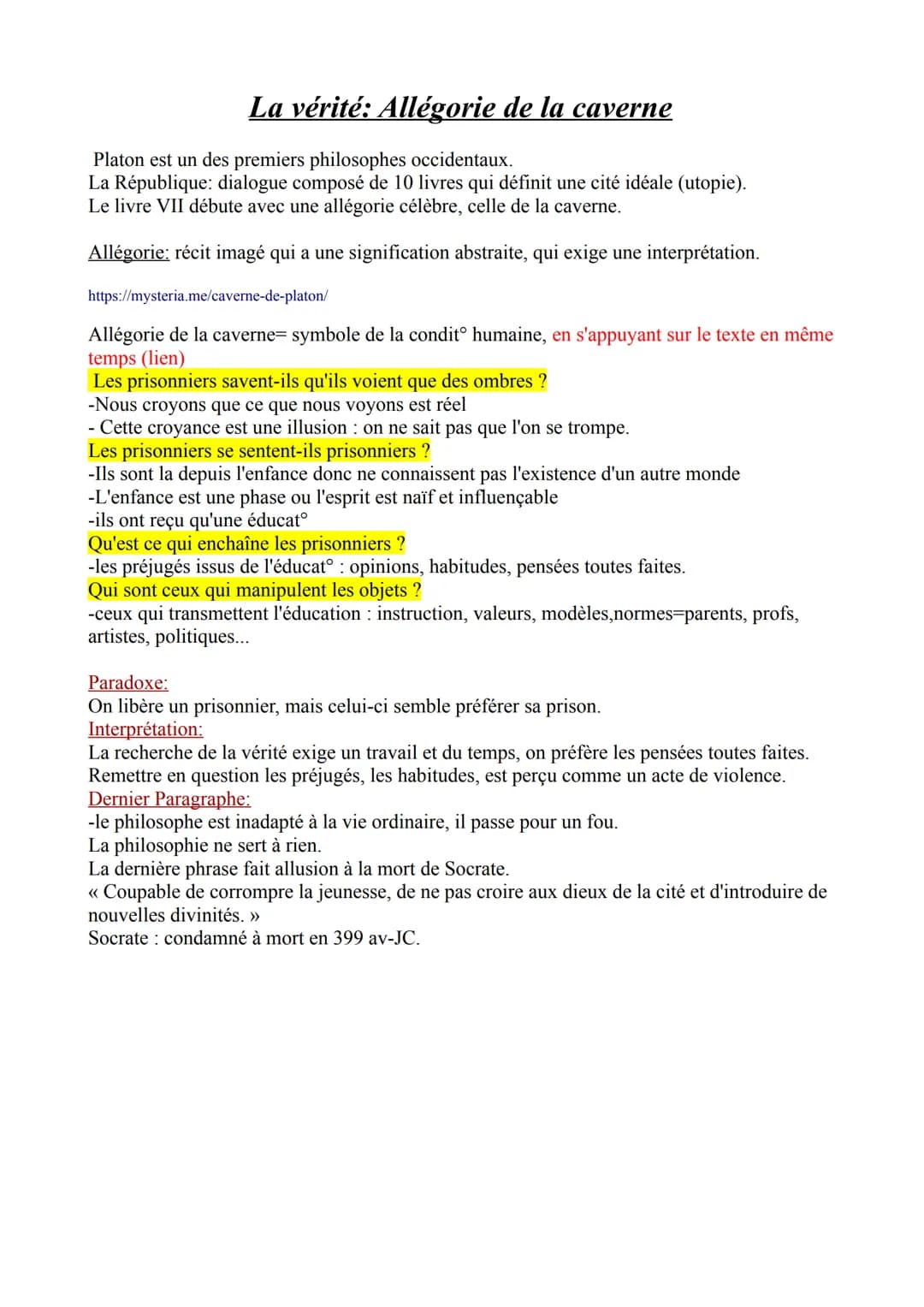 La vérité: Allégorie de la caverne
Platon est un des premiers philosophes occidentaux.
La République: dialogue composé de 10 livres qui défi