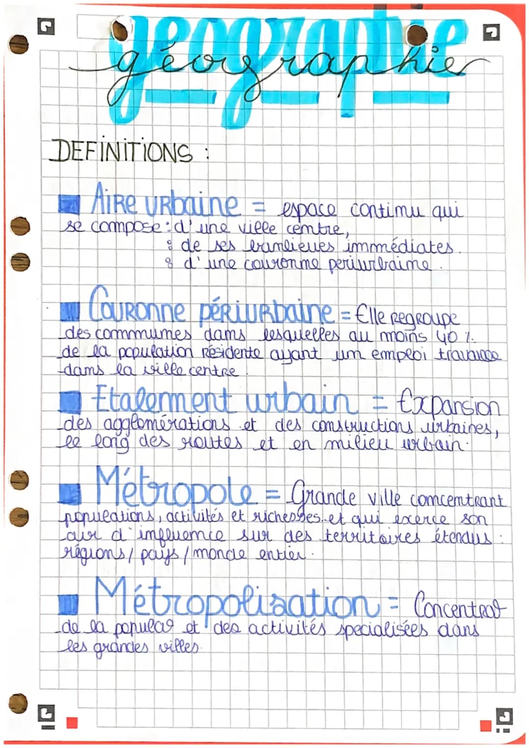 geographie
DEFINITIONS
AiRe URbaine = espace contimu qui
se compose d'une ville centre,
• de ses banlieues immédiates.
8 d'une couronme peri