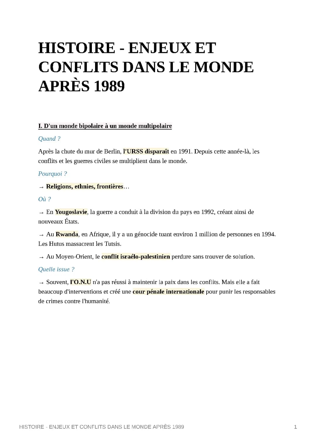 Enjeux et conflits dans le monde après 1989