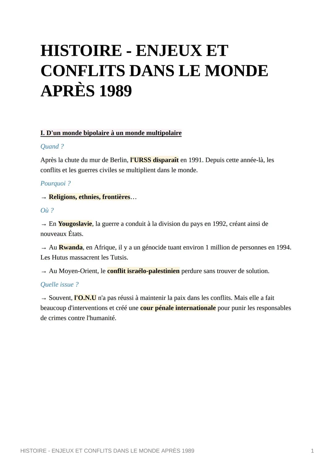 HISTOIRE - ENJEUX ET
CONFLITS DANS LE MONDE
APRÈS 1989
I. D'un monde bipolaire à un monde multipolaire
Quand ?
Après la chute du mur de Berl
