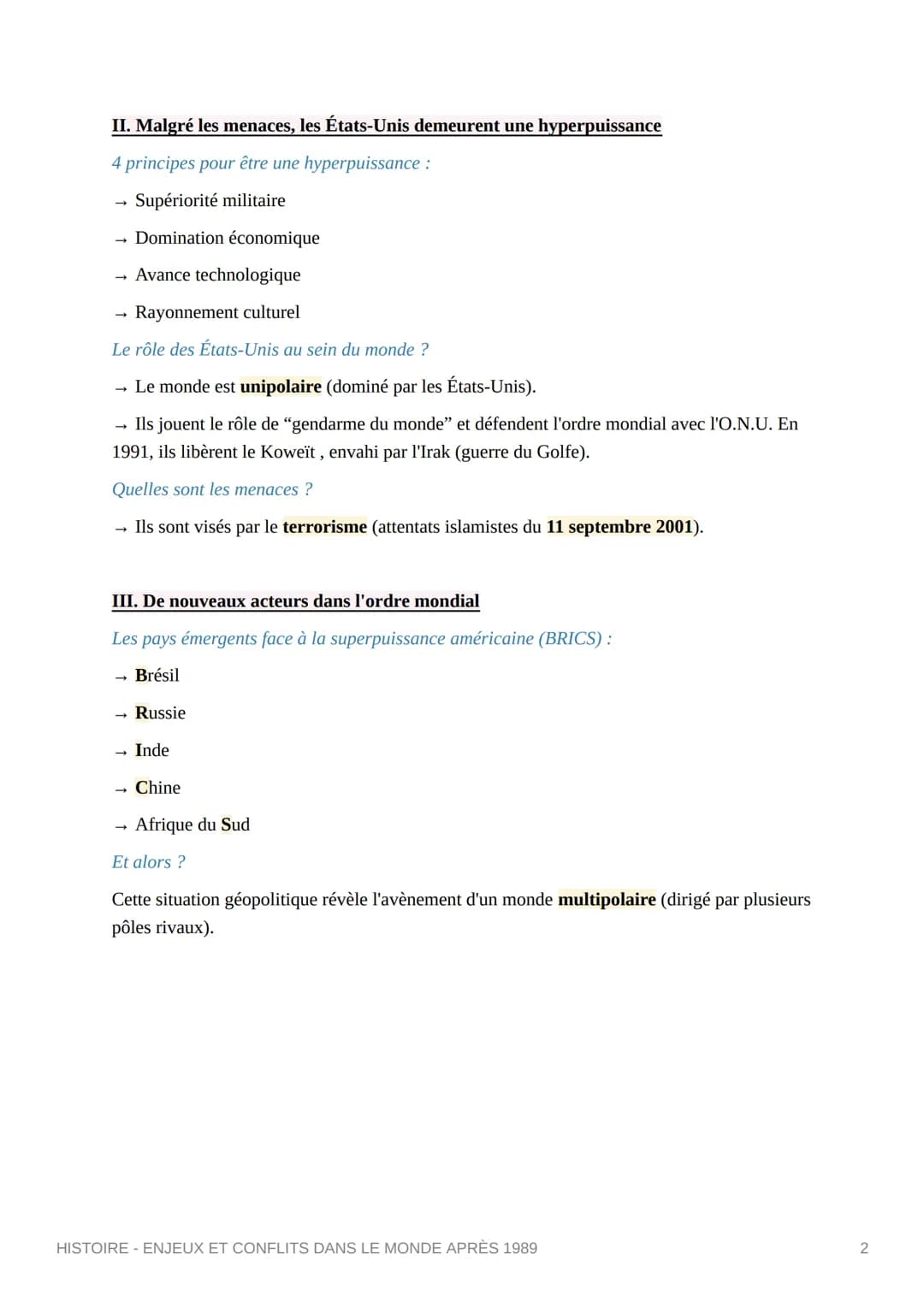 HISTOIRE - ENJEUX ET
CONFLITS DANS LE MONDE
APRÈS 1989
I. D'un monde bipolaire à un monde multipolaire
Quand ?
Après la chute du mur de Berl