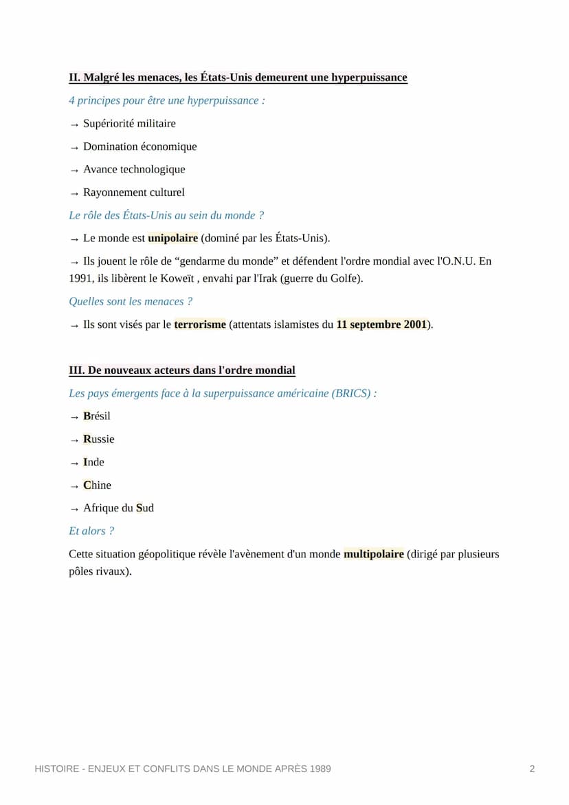 HISTOIRE - ENJEUX ET
CONFLITS DANS LE MONDE
APRÈS 1989
I. D'un monde bipolaire à un monde multipolaire
Quand ?
Après la chute du mur de Berl