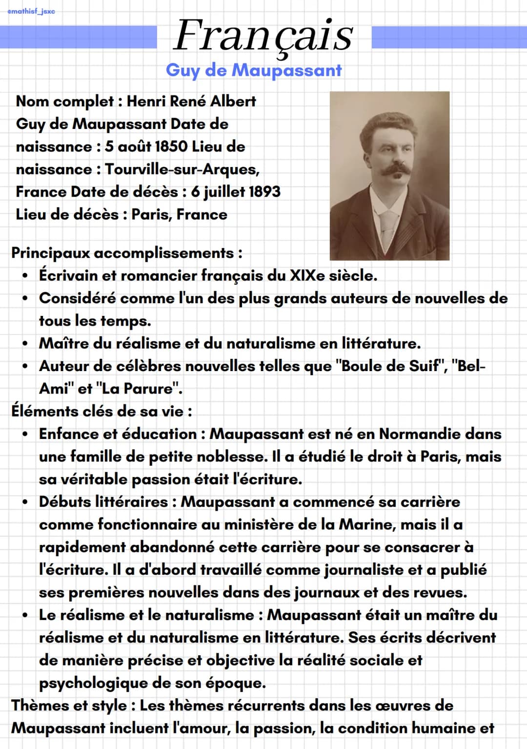 emathisf_jsxc
Nom complet: Henri René Albert
Guy de Maupassant Date de
naissance : 5 août 1850 Lieu de
naissance : Tourville-sur-Arques,
Fra