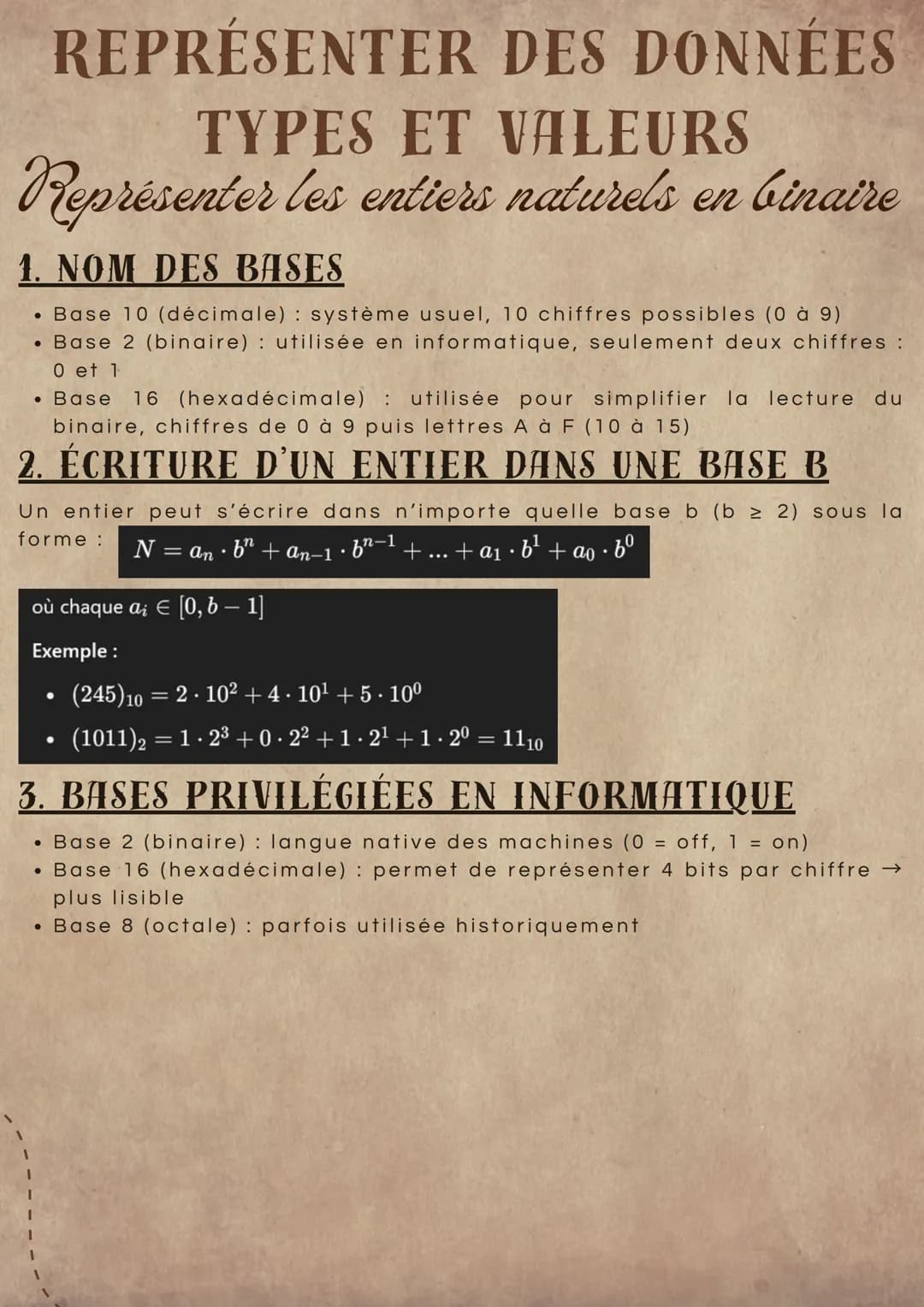 # REPRÉSENTER DES DONNÉES
# TYPES ET VALEURS

Représenter les entiers naturels en binaire

## 1. NOM DES BASES

- Base 10 (décimale): systèm