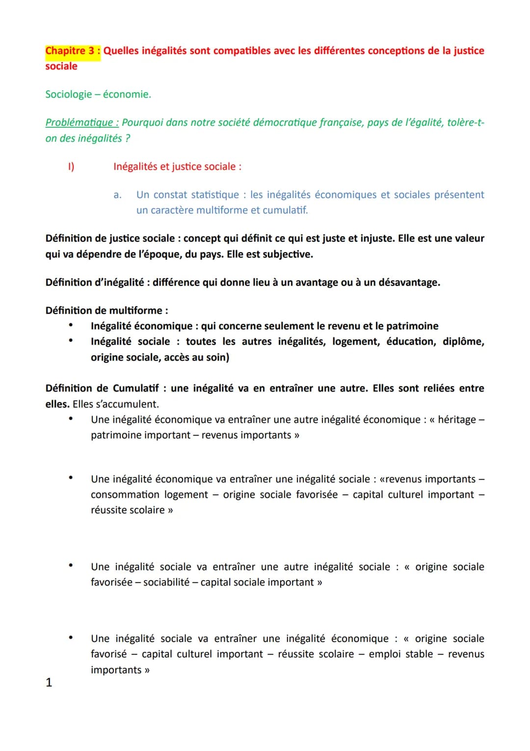 Chapitre 3 : Quelles inégalités sont compatibles avec les différentes conceptions de la justice
sociale
Sociologie - économie.
Problématique