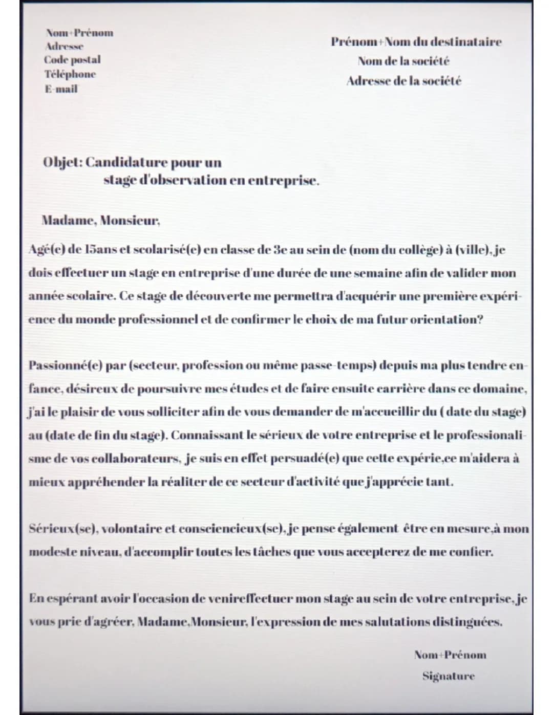 Lettre de motivation pour un stage de 3e