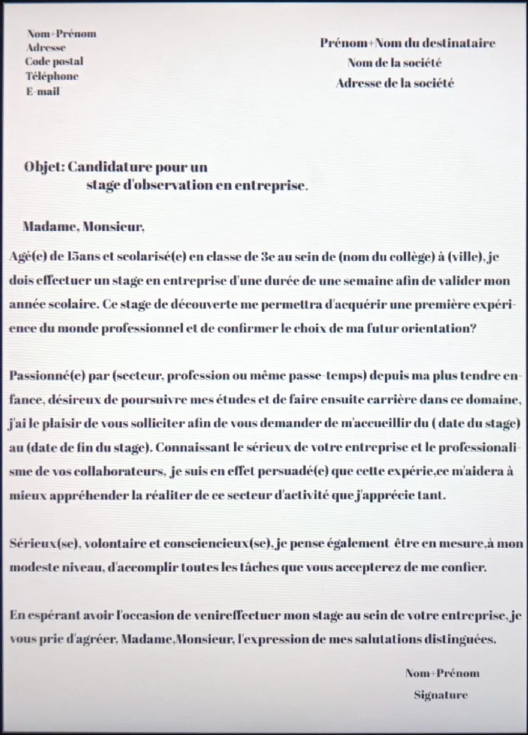 Nom Prénom
Adresse
Code postal
Téléphone
E-mail
Prénom+Nom du destinataire
Nom de la société
Adresse de la société
Objet: Candidature pour u