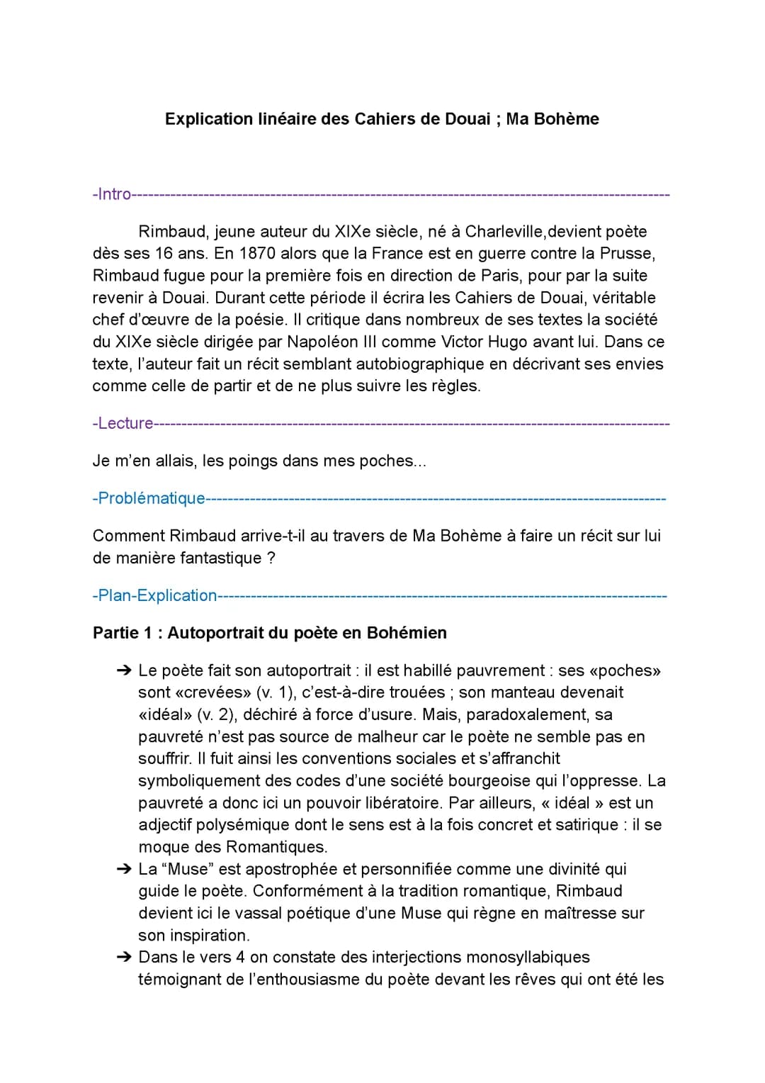 Explication linéaire des Cahiers de Douai ; Ma Bohème | Bac de Français