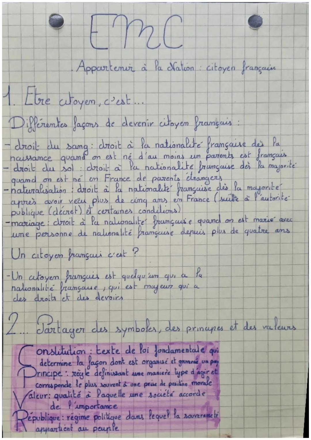 # EMC

Appartenir à la Nation : citoyen française.

1. Etre
atoyen, c'est....

Différentes façons de devenir citoyen français:

- droit du s