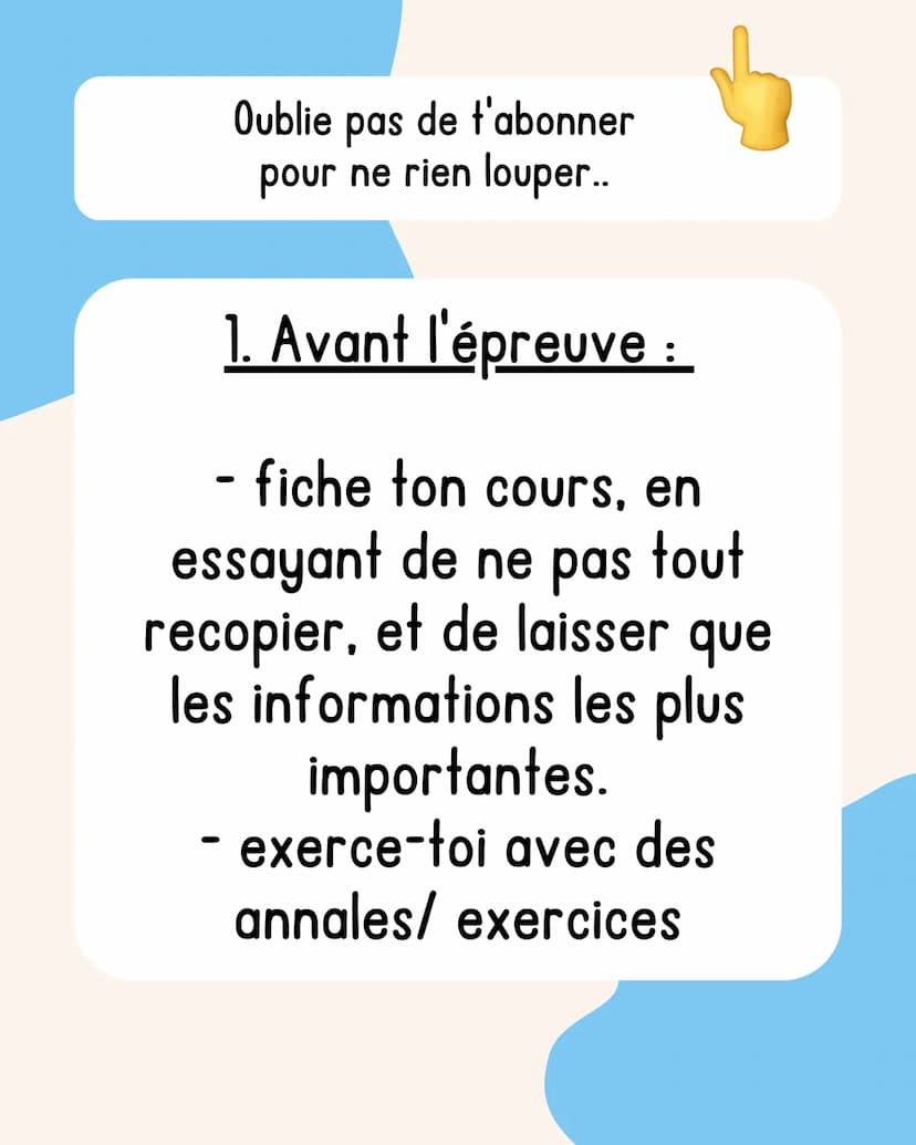 L'épreuve de
Maths
spécial brevet Oublie pas de t'abonner
pour ne rien louper..
1. Avant l'épreuve :
- fiche ton cours, en
essayant de ne pa