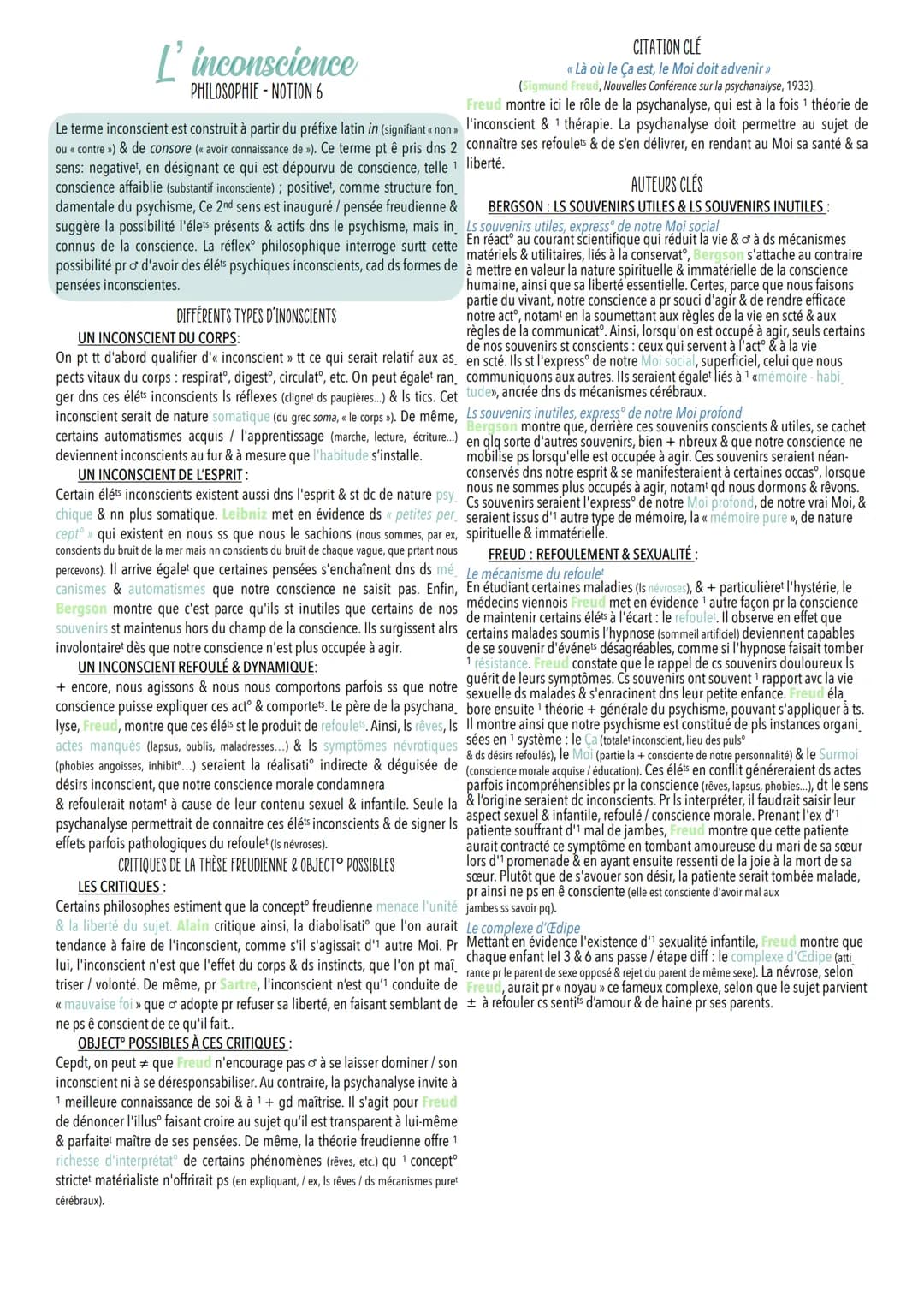 L'inconscience
PHILOSOPHIE-NOTION 6
Le terme inconscient est construit à partir du préfixe latin in (signifiant «non»>
ou « contre ») & de c