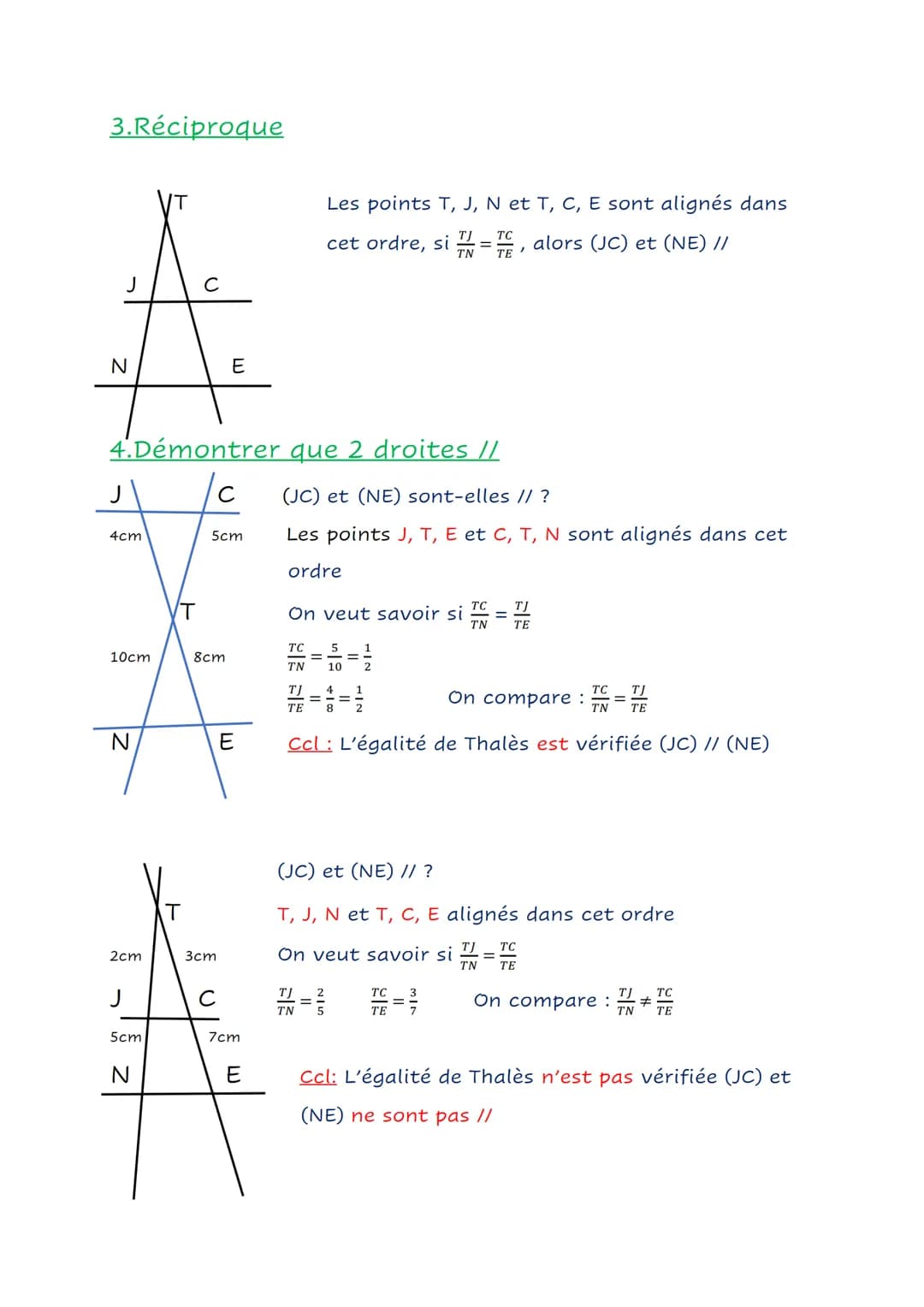 1.Théorème
N
Théorème et réciproque de Thalès
(d')'
6cm
N
?
(d)
7cm
T
Remarque : Les triangle TJC et TNE sont proportionnelles
2. Calculer l