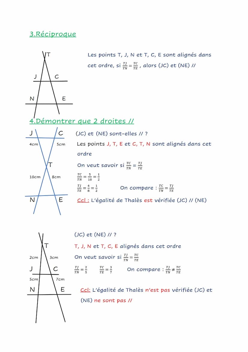 1.Théorème
N
Théorème et réciproque de Thalès
(d')'
6cm
N
?
(d)
7cm
T
Remarque : Les triangle TJC et TNE sont proportionnelles
2. Calculer l