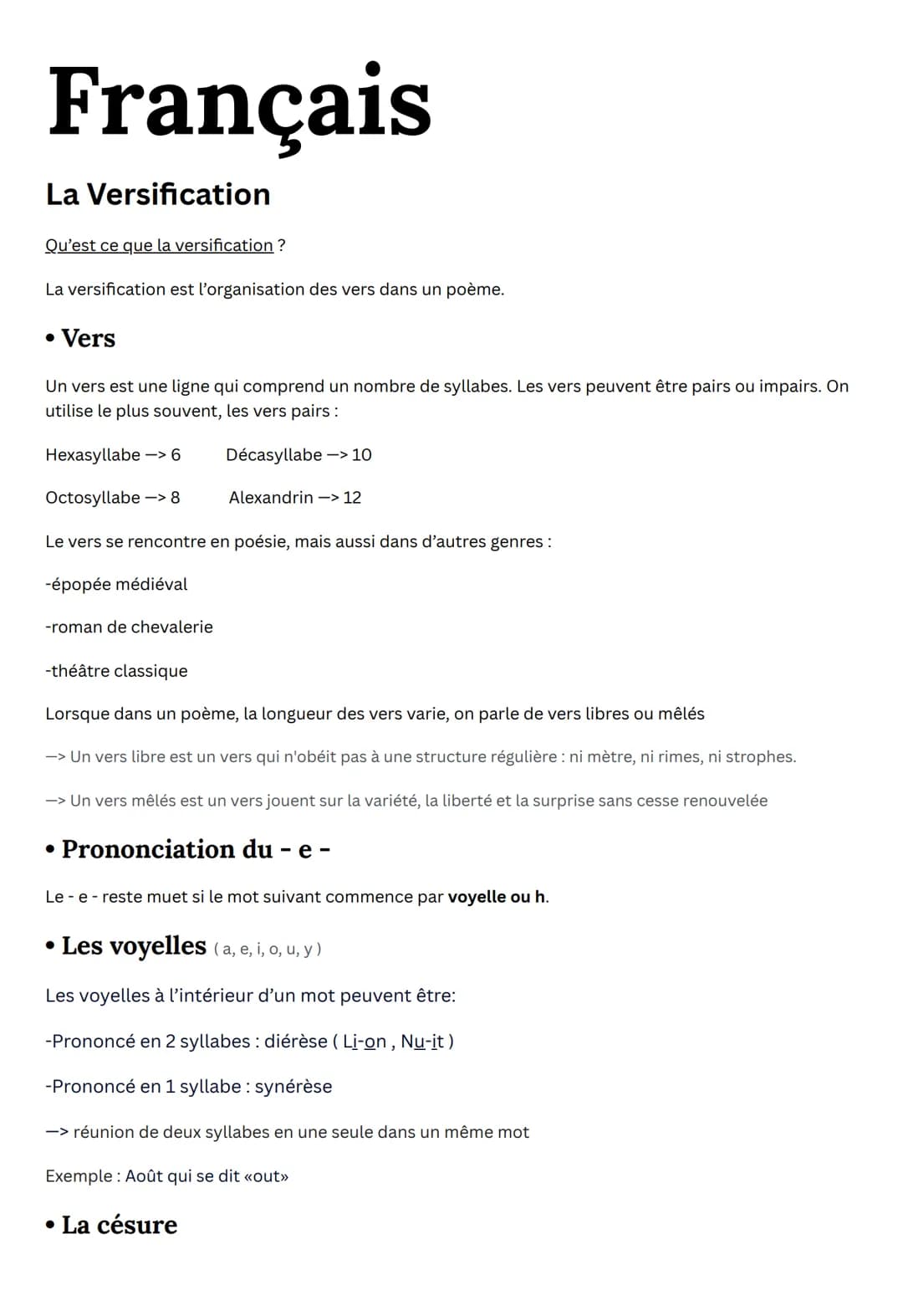 Français
La Versification
Qu'est ce que la versification ?
La versification est l'organisation des vers dans un poème.
• Vers
Un vers est un