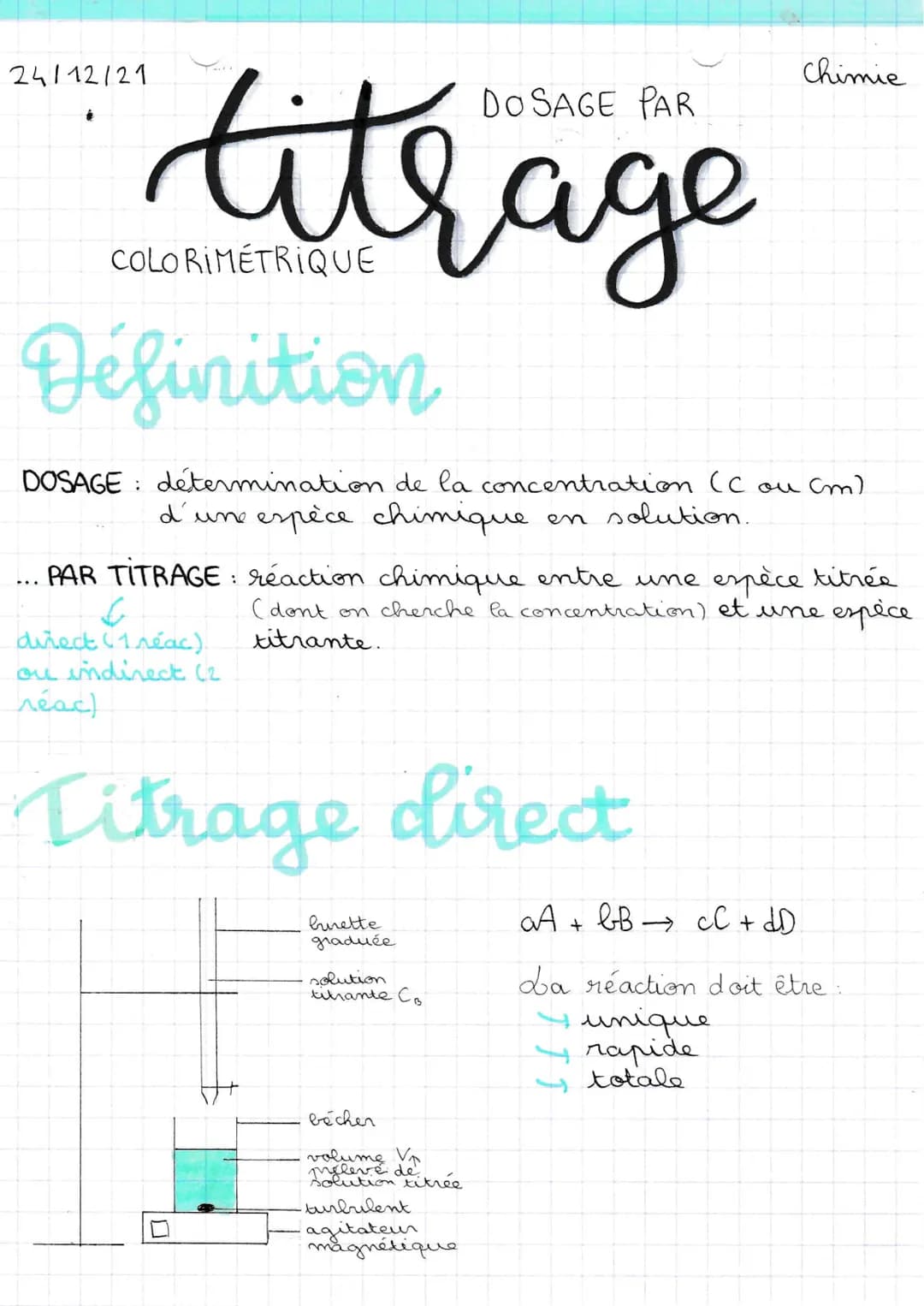 24/12/21
DOSAGE PAR
titrage
COLORIMETRIQUE
Définition
DOSAGE determination de la concentration (C ou (m)
d'une espèce chimique
en solution.
