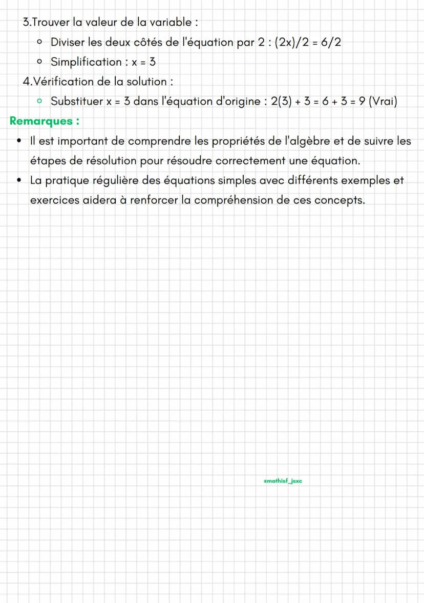 emathisf_jsxc
Maths
Les équations simples
Équation:
• Une équation est une affirmation mathématique selon laquelle deux
expressions sont éga