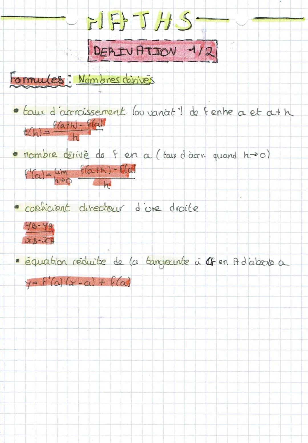 # FIFTHS-

DERIVATION 1/2

Formules: Nombres derives

- taux d'accroissement lou variat I de fenhe a et ath
$t(h)= \frac{Flath)- flal}{h}$

