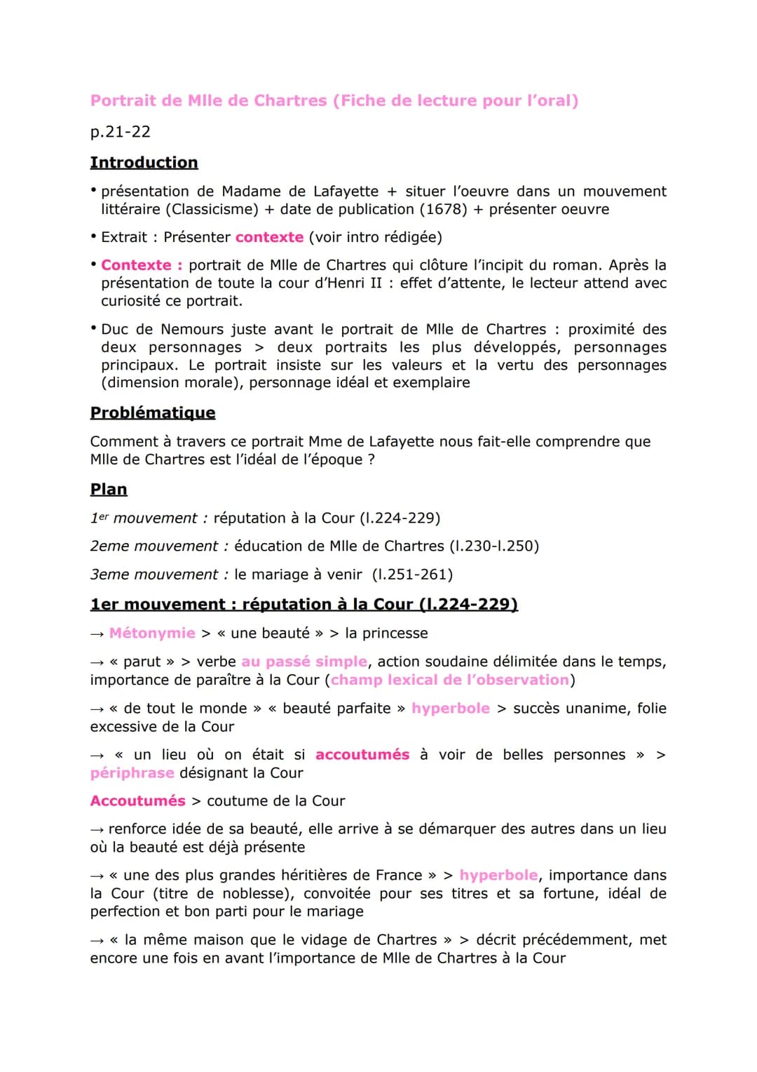 Portrait de Mile de Chartres (Fiche de lecture pour l'oral)
p.21-22
Introduction
présentation de Madame de Lafayette + situer l'oeuvre dans 