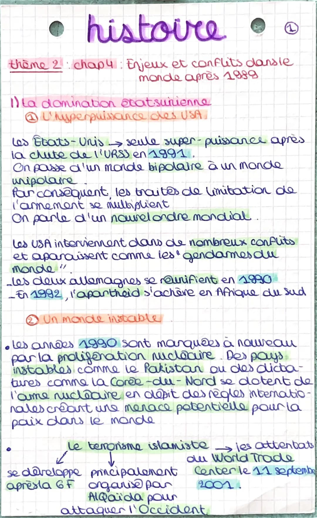• histoire •
thème 2 chap 4: Enjeux et conflits dansle
monde après 1989
1) la domination étatsurienne
U'hyperpuissance des USA.
(
Les Etats-