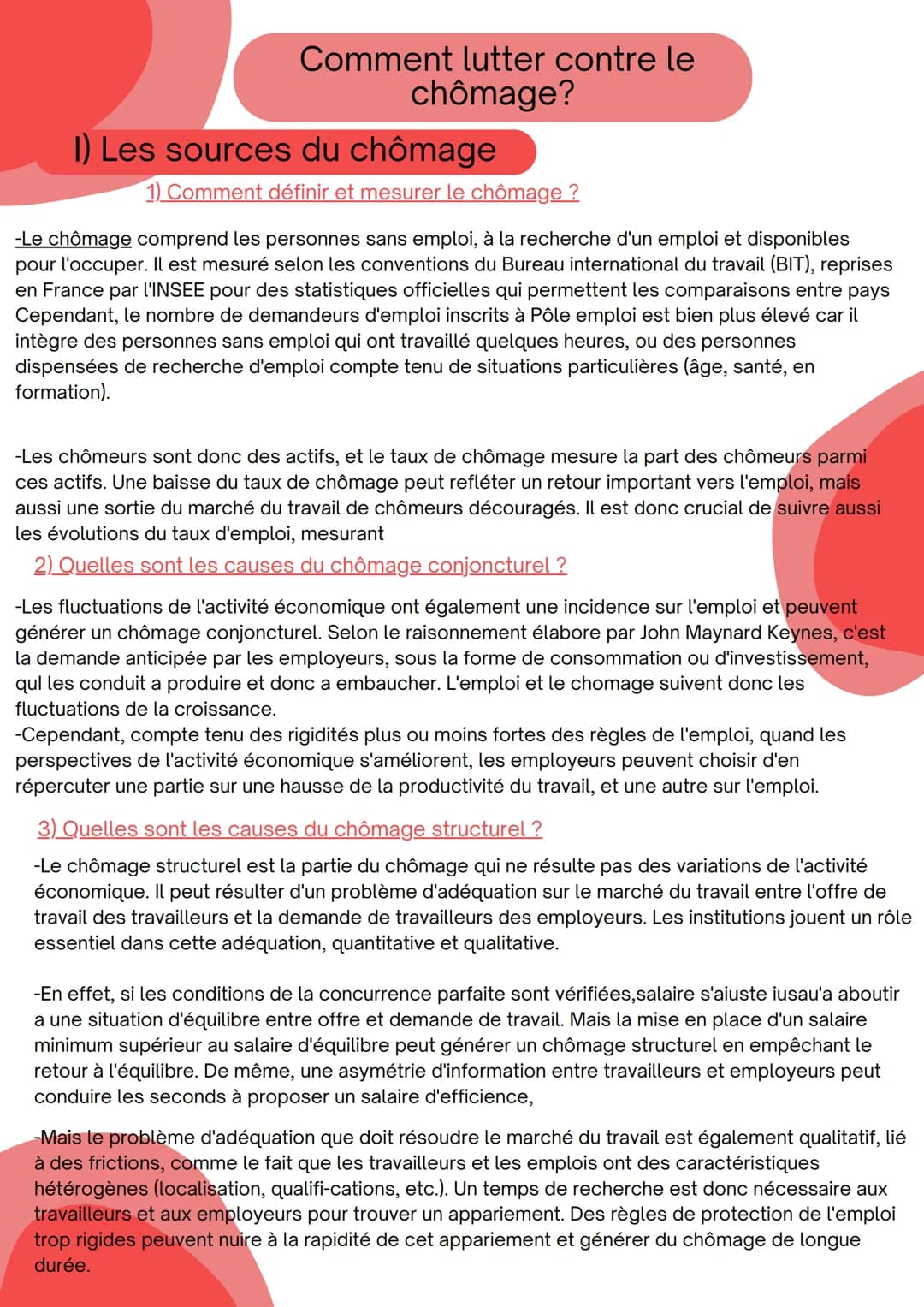 Comment lutter contre le
chômage?
I) Les sources du chômage
1) Comment définir et mesurer le chômage ?
-Le chômage comprend les personnes sa