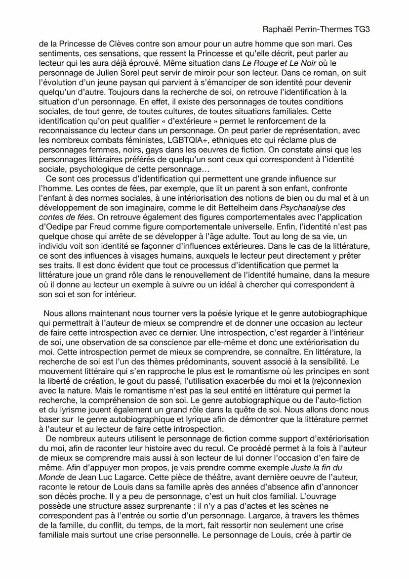 Essai littéraire
Raphaël Perrin-Thermes TG3
Sujet : La littérature nous libère-t-elle d'une assignation à une identité ?
La littérature est,