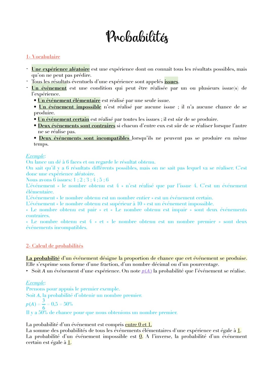 1- Vocabulaire
-
Probabilités
Une expérience aléatoire est une expérience dont on connaît tous les résultats possibles, mais
qu'on ne peut p