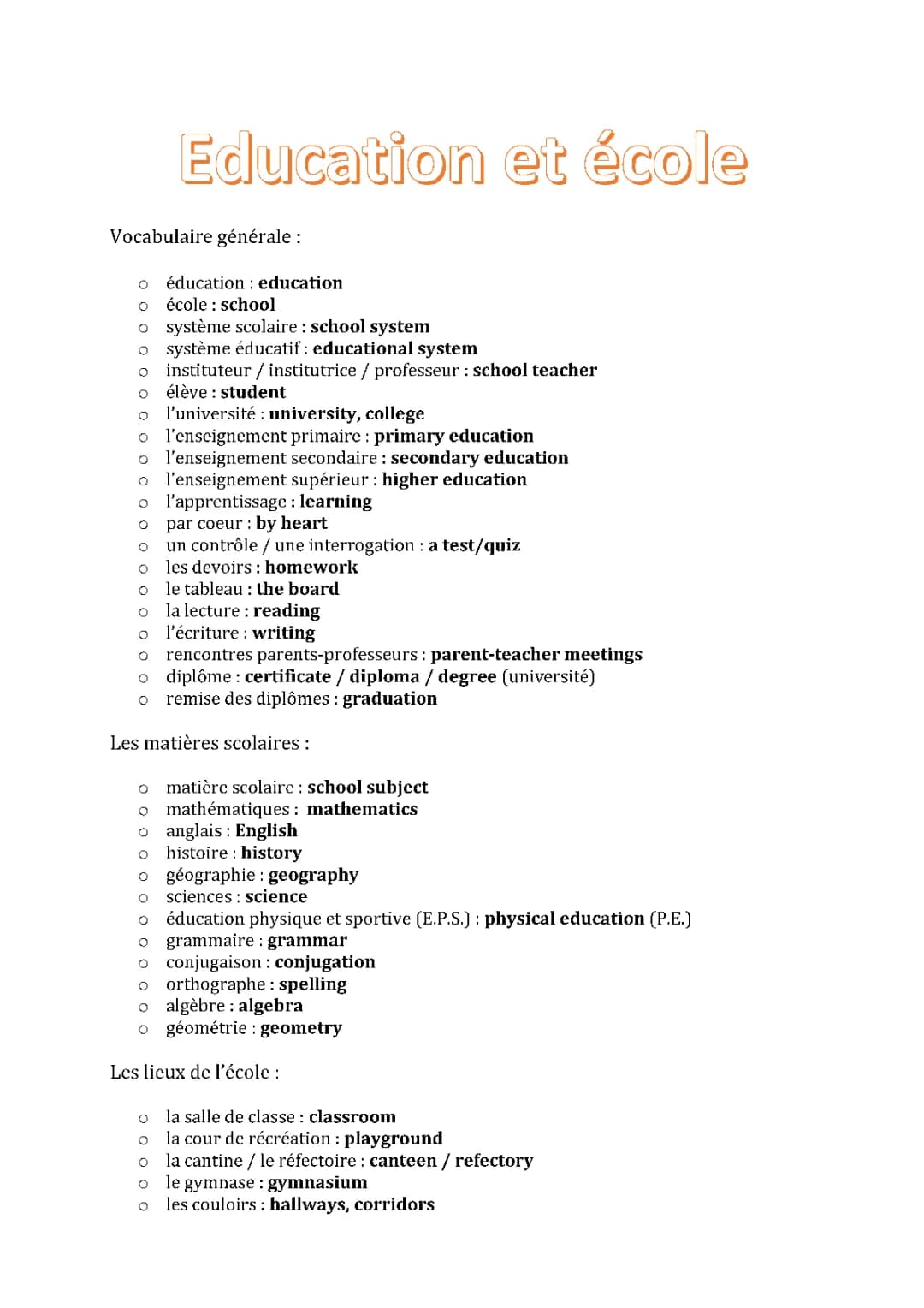 Vocabulaire - Education et école 
