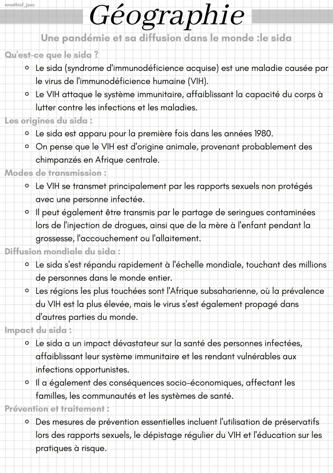 emathisf_jsxc
Géographie
Une pandémie et sa diffusion dans le monde :le sida
Qu'est-ce que le sida ?
o Le sida (syndrome d'immunodéficience 