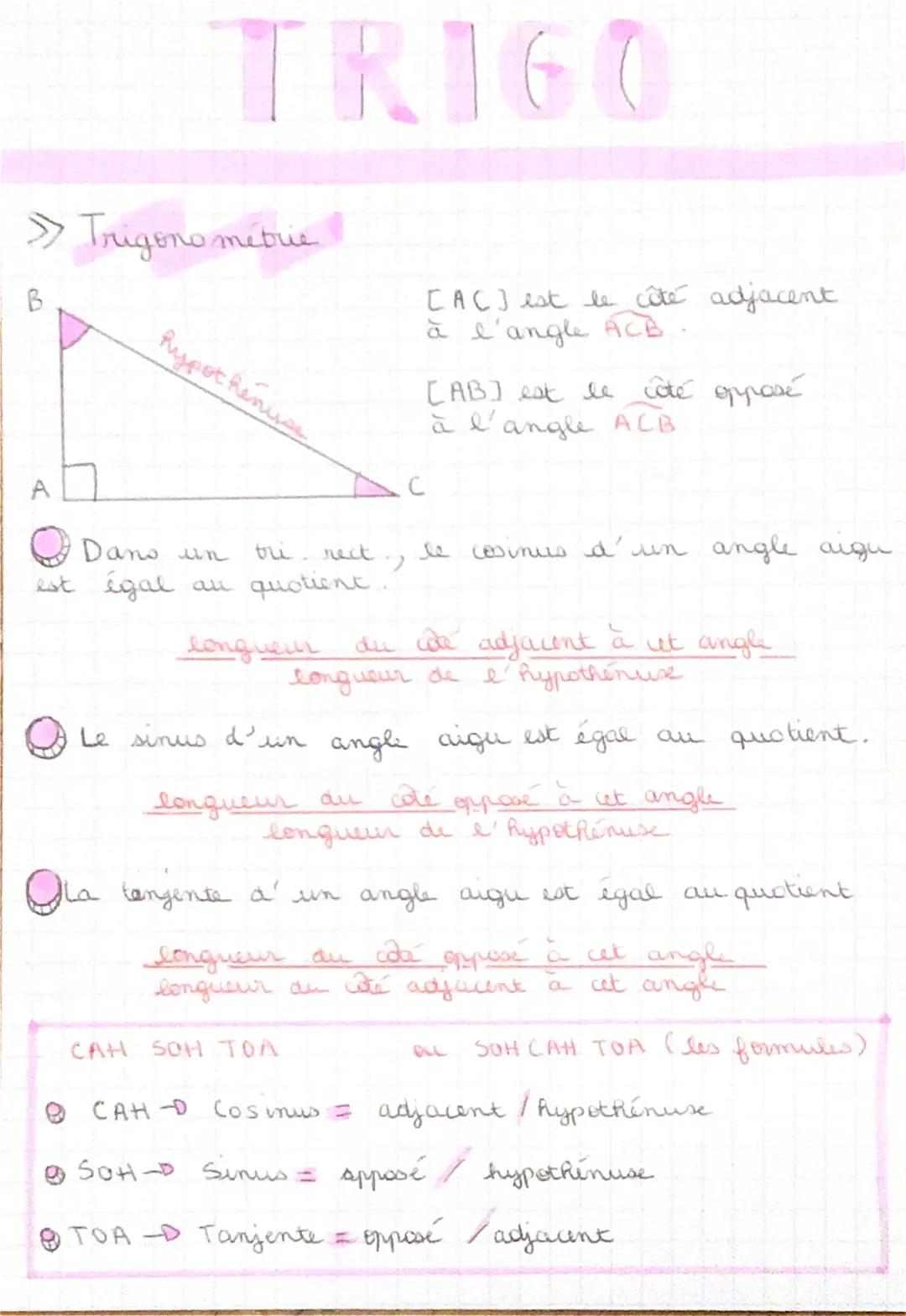 # TRIGO

>> Trigonometrie
B

A
Rypot Reniuse

C

[AC] est le côté adjacent
à l'angle ACB.

[AB] est le côté opposé
à l'angle ALB

Dans un tr