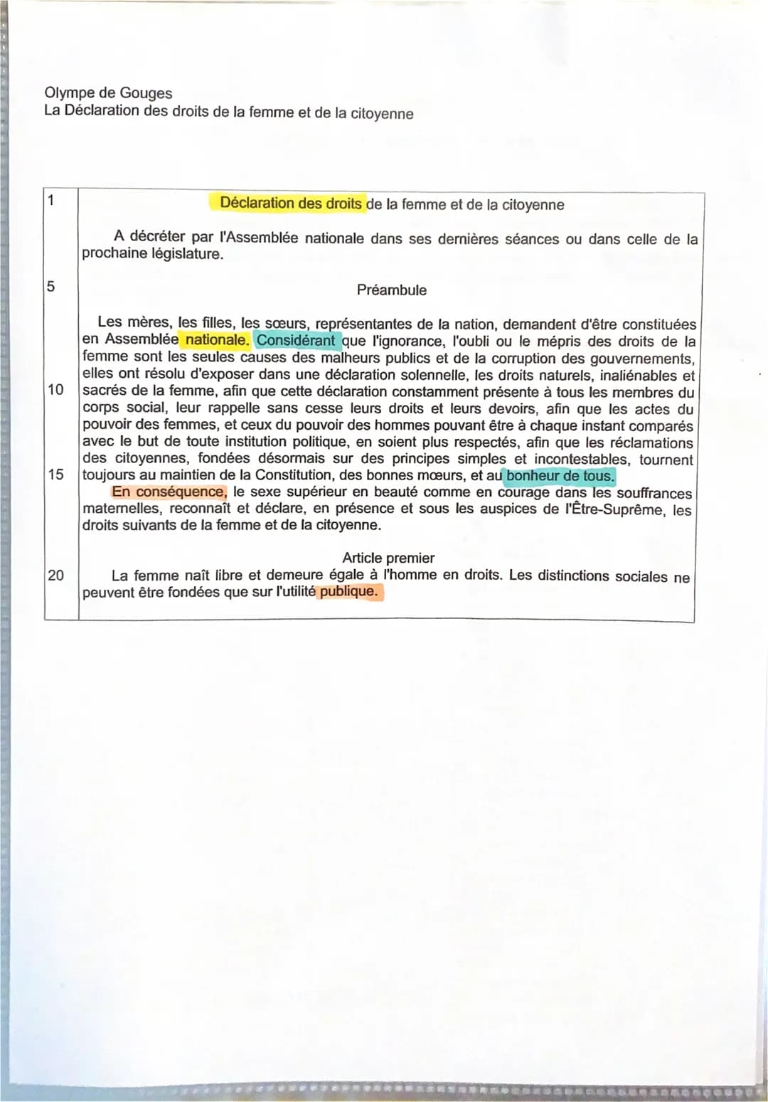 Texte 7:
Olympe de gouges, déclaration des femmes et de la citoyenne
Introduction:
La déclaration des femmes et de la citoyenne a été écrit 