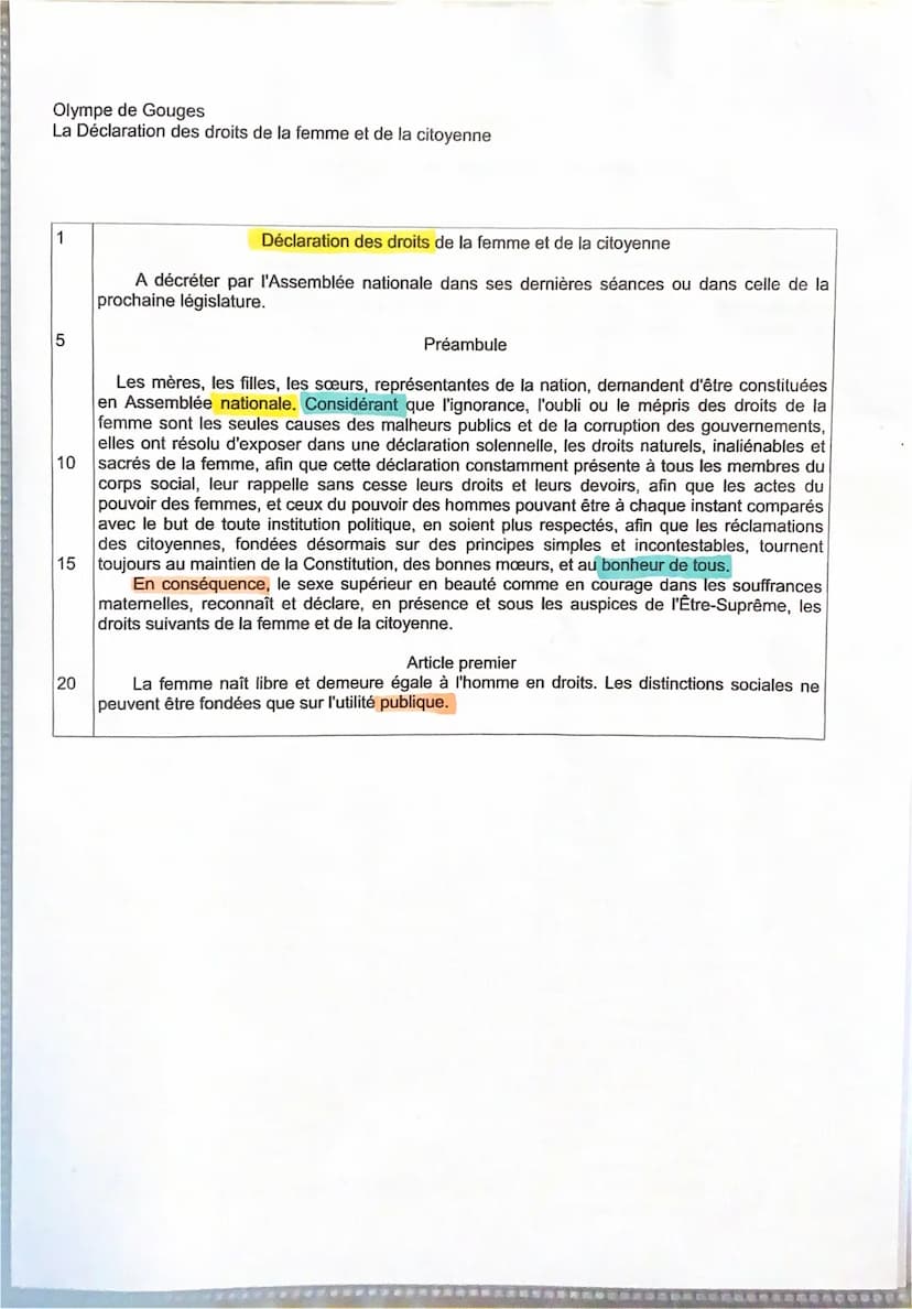 Texte 7:
Olympe de gouges, déclaration des femmes et de la citoyenne
Introduction:
La déclaration des femmes et de la citoyenne a été écrit 