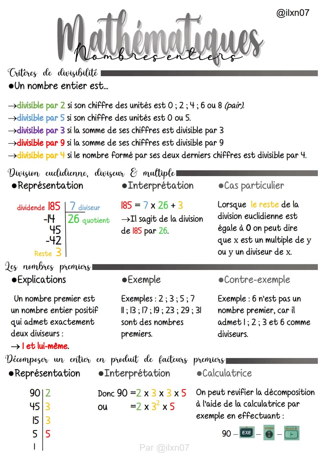 Mathématiques
→divisible par 2 si son chiffre des unités est 0; 2; 4; 6 ou 8 (pair).
→divisible par 5 si son chiffre des unités est 0 ou 5.
