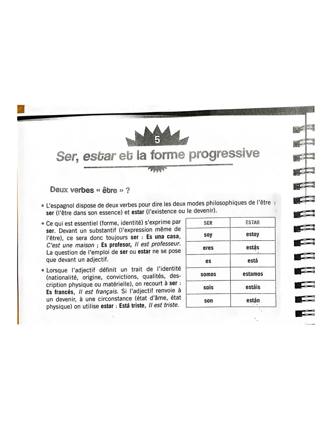 5
Ser, estar et la forme progressive
Deux verbes « être » ?
• L'espagnol dispose de deux verbes pour dire les deux modes philosophiques de l