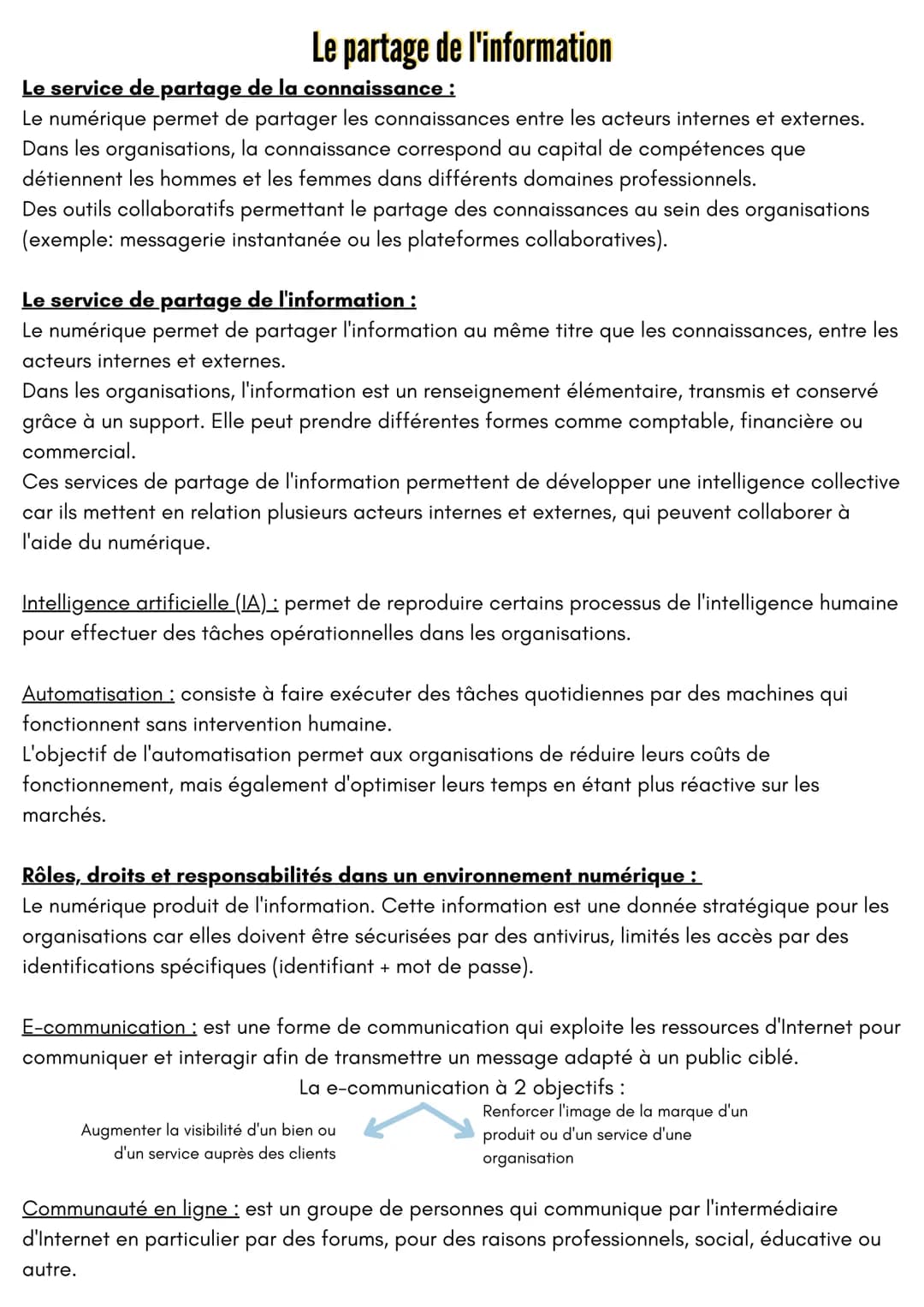 Le partage de l'information
Le service de partage de la connaissance :
Le numérique permet de partager les connaissances entre les acteurs i