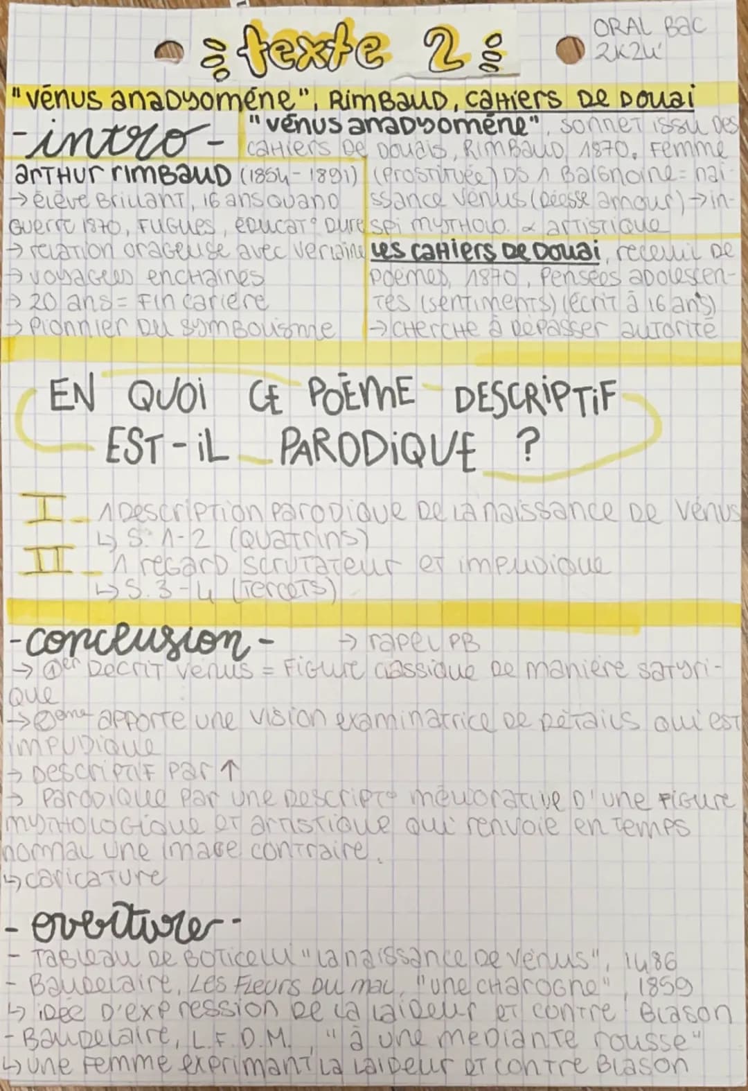 --- OCR Start ---
texte 2:
ORAL BAC
2k24
"venus anadyoméne", Rimbaud, cahiers de Douai
"venus anadyomene", sonnet issu des
intro-cahiers de 